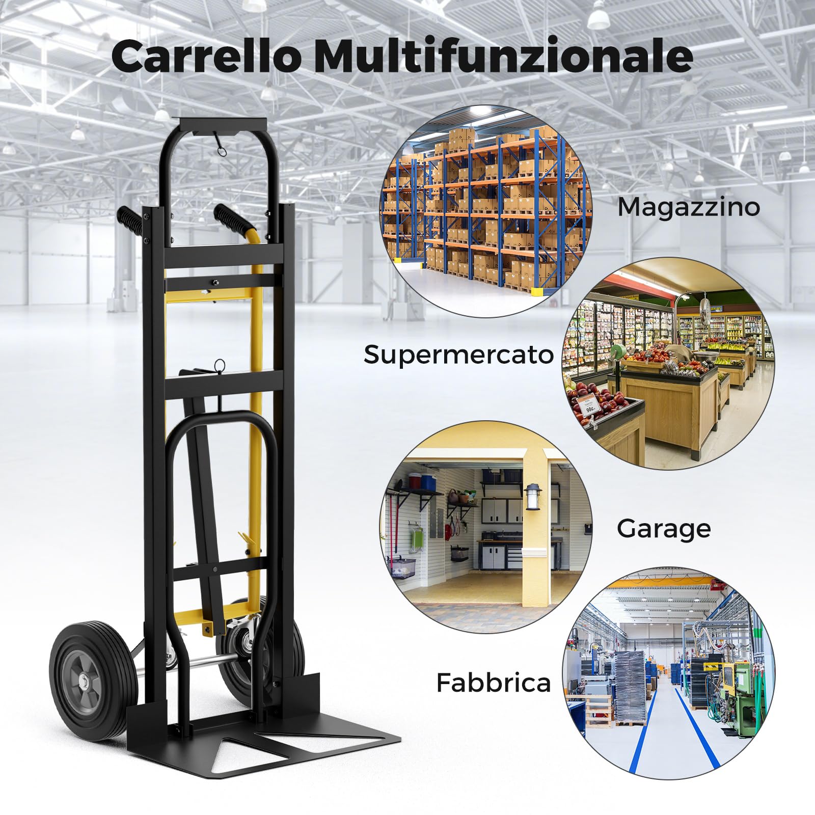 GYMAX Carrello a Mano Convertibile 3-in-1, Carrello Portatile Pesante in Metallo con Ruote in Gomma, Capacità 450kg, Carrello Industriale Pieghevole per Trasporto e Spostamento in Garage, Fabbrica