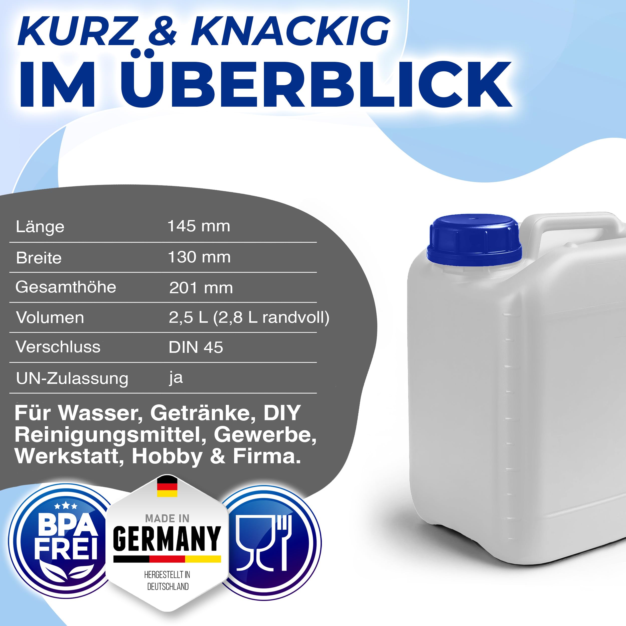 Kosmetex Kleine 2.5L Kanister, BPA frei & lebensmittelecht, Wasserkanister 2.5 Liter Camping, Garten, Gewerbe & Haushalt, Robust Made in Germany