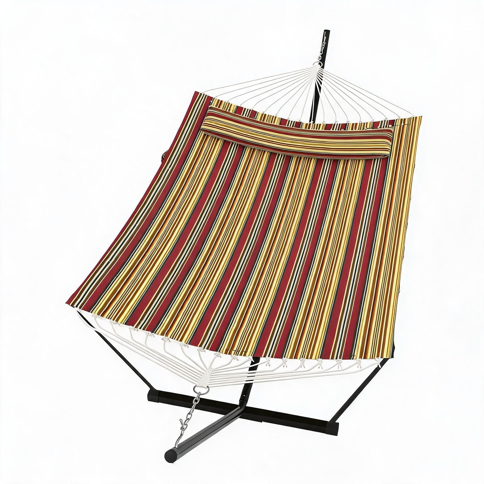 GarveeMore Heavy Duty Double Hammock with Stand & Detachable Pillow – 2 Person, 450 lbs Capacity, Freestanding 12ft Frame, –Red-Yellow Stripe