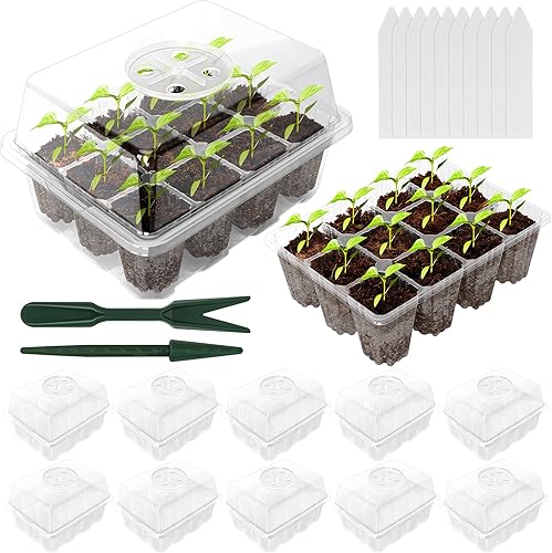 10 bandejas de inicio de semillas, kit de inicio de semillas, bandejas de plástico transparente para principiantes con 10 etiquetas y 2