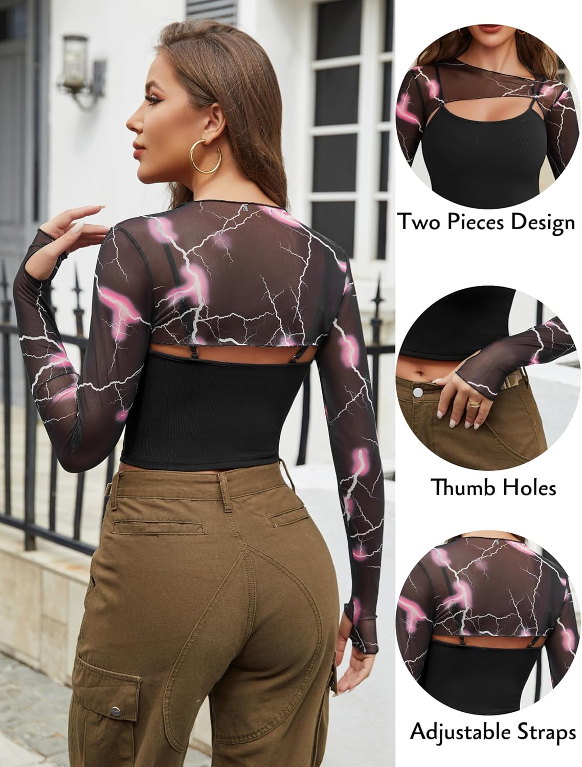Avidlove Women Sexy Long Sleeve Mesh Crop Top Solid Cover Up with Spaghetti Strap Cami Top 2 Pieces Clubwear with Thumb Holes - Image 4