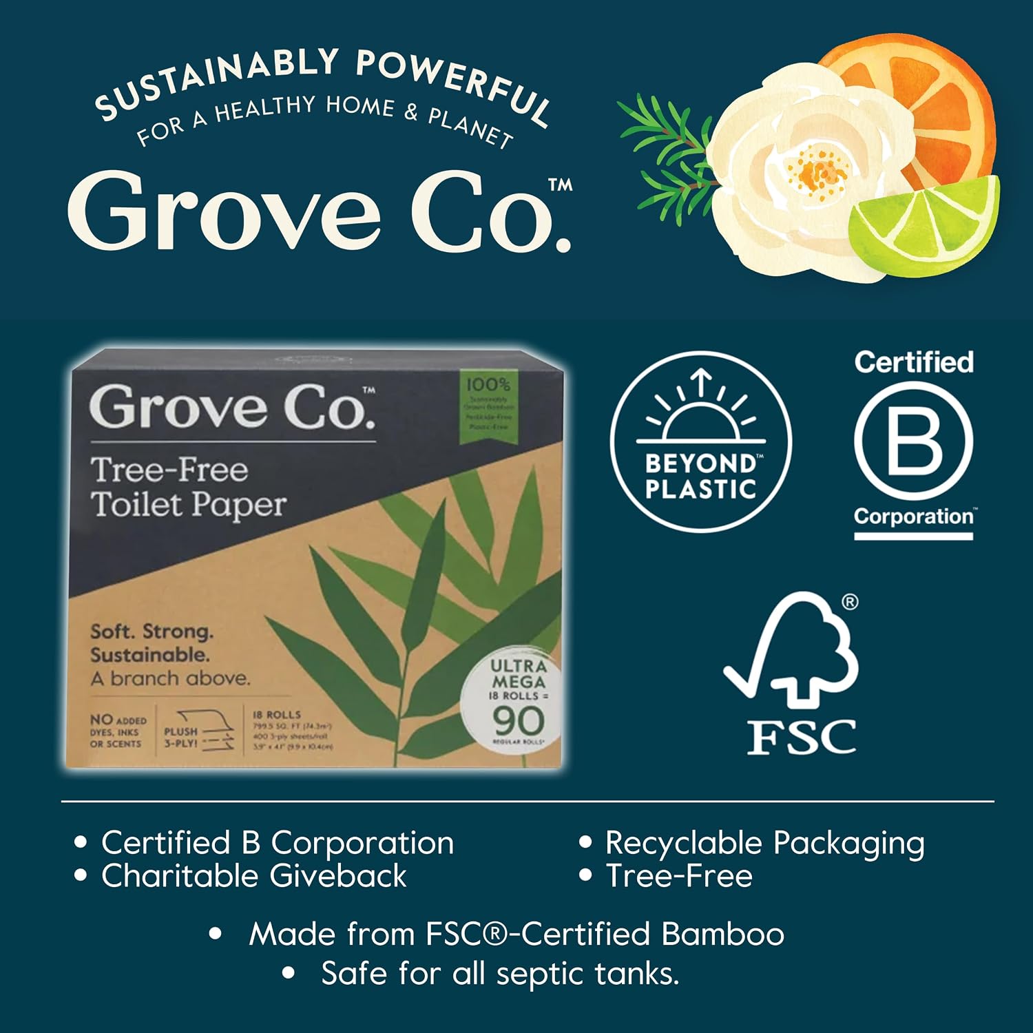 Grove Co. Ultra Soft Bamboo, Tree Free Toilet Paper, 24 Rolls, 3-Ply