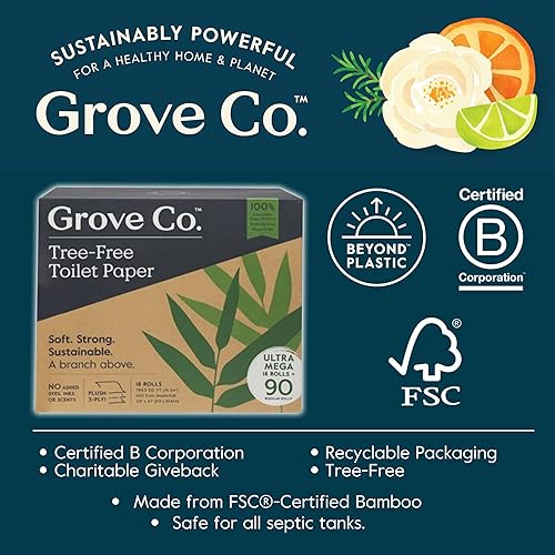 Miniatura 7 de Grove Co. Papel higiénico de bambú sin árboles y seguro para sépticos, ultra suave, duradero y absorbente, hojas de 3 capas (1 rollo  44.4 pies