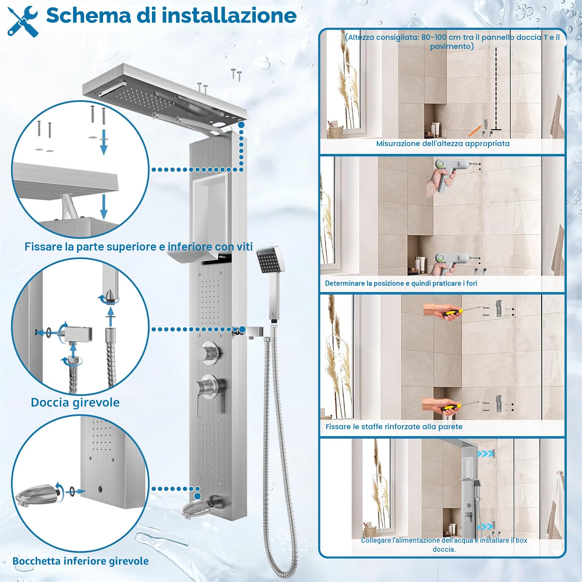 Aufun - Kit di finitura per vasca e doccia in acciaio inox con ripiano e rubinetto, 5 funzioni colonna doccia pioggia e nebbia, 4 ugelli massaggianti a larghezza regolabile, doccetta e ingresso a