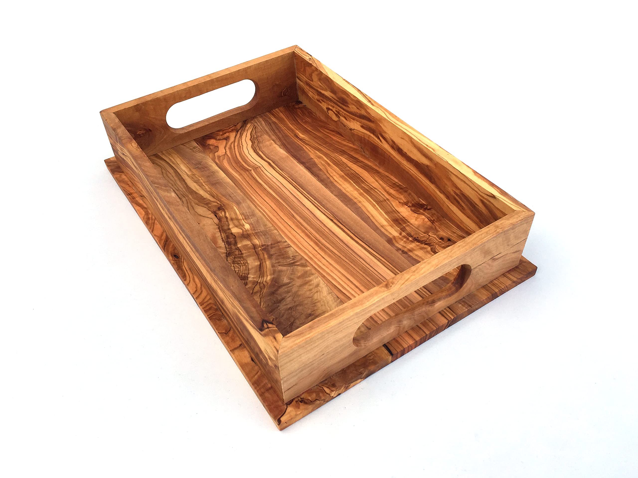Serviertablett mit 2 Griffe rechteckig 35 x 24 x 7 cm, Tablett, handgefertigt aus Olivenholz