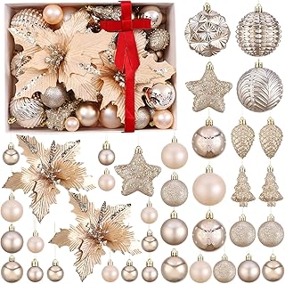 48Pcs Assorted Champagne Gold Christmas Tree Balls Ornaments Set,Mixed S...