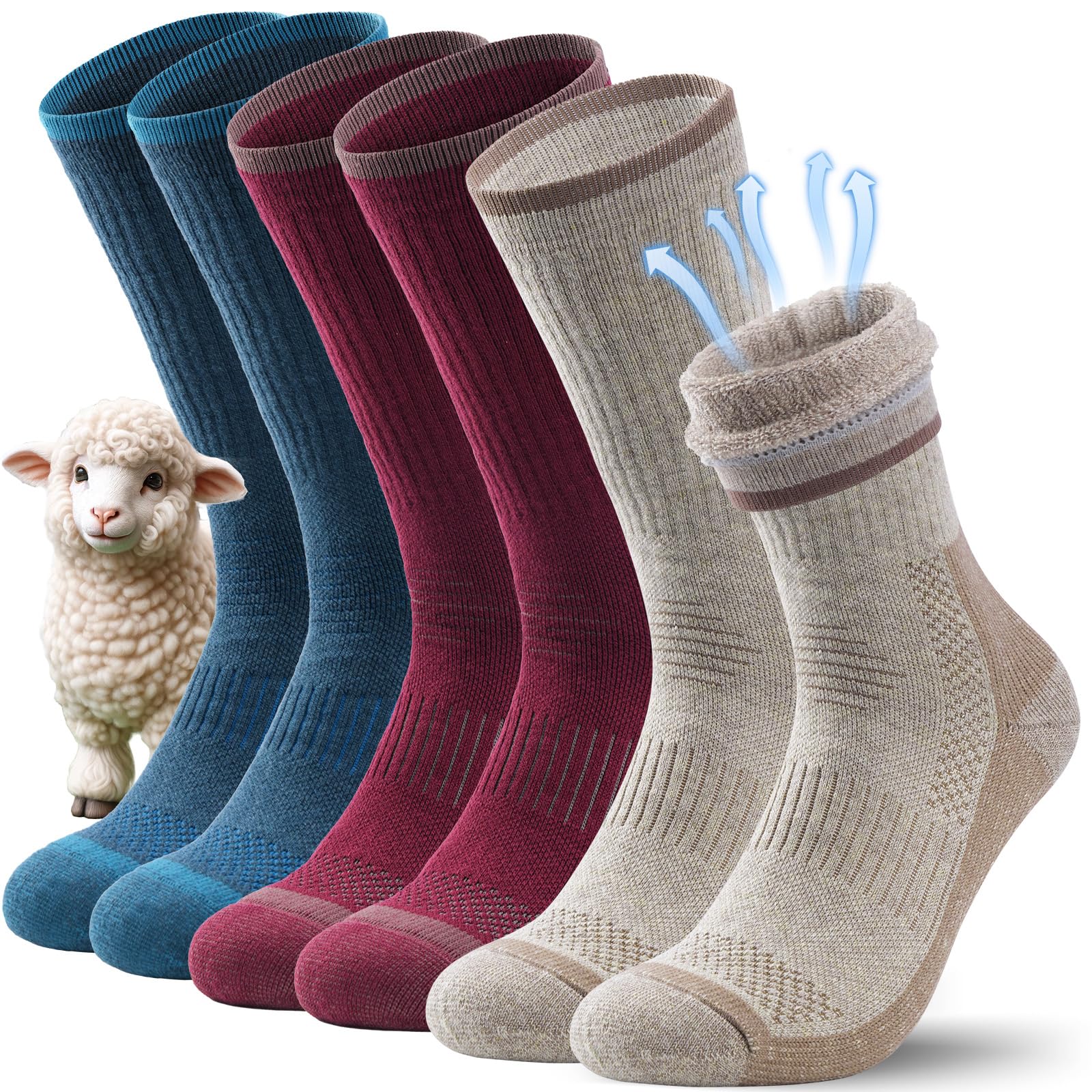 TANSTC Merino Wandersocken Sommer Trekkingsocken Merino Socken Herren Damen, Atmungsaktiv & Stark gepolstert, Sportsocken Arbeitssocken Unisex, 3 Paar