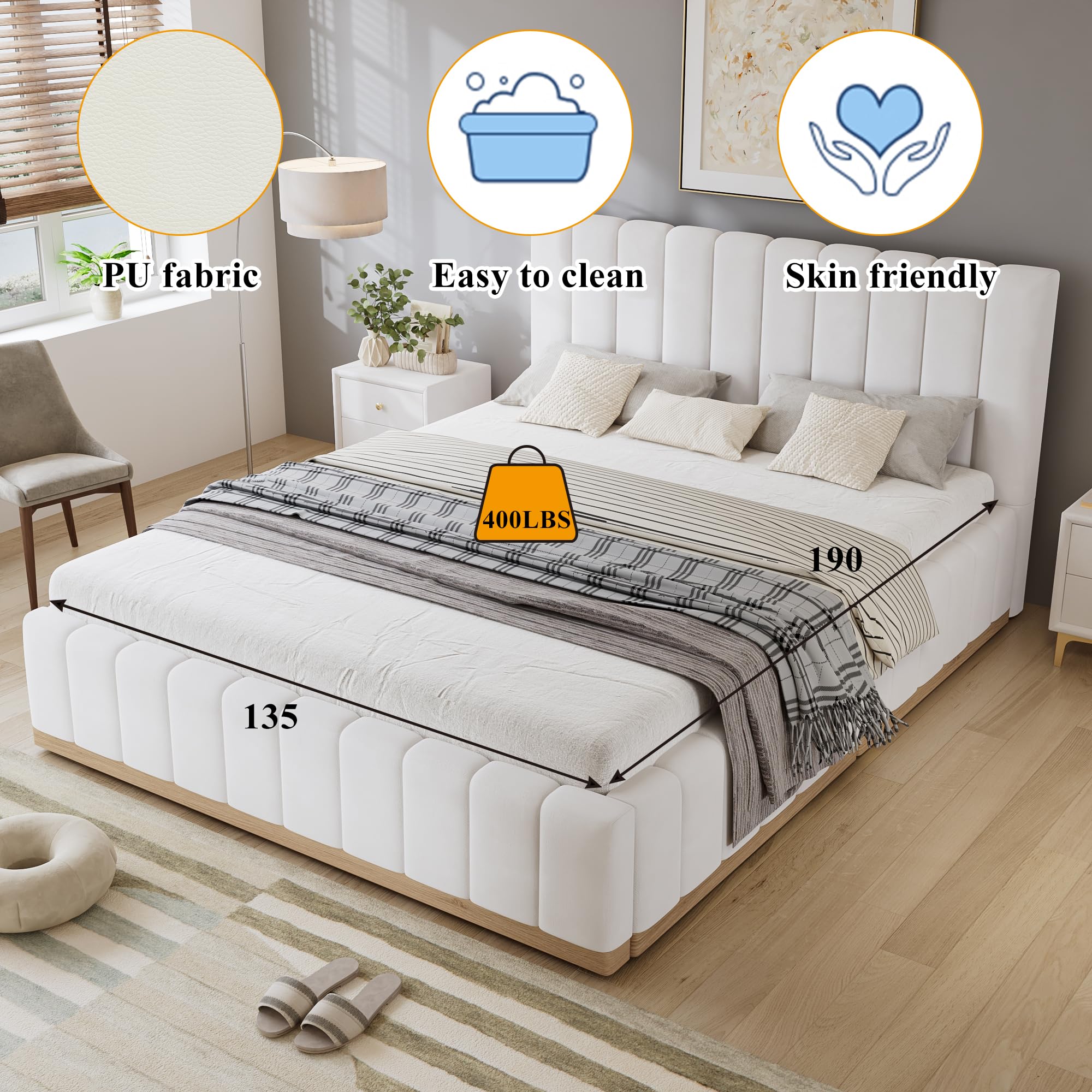 Merax Double bed frame, 4FT6 Double Upholstered Bed with Sturdy
