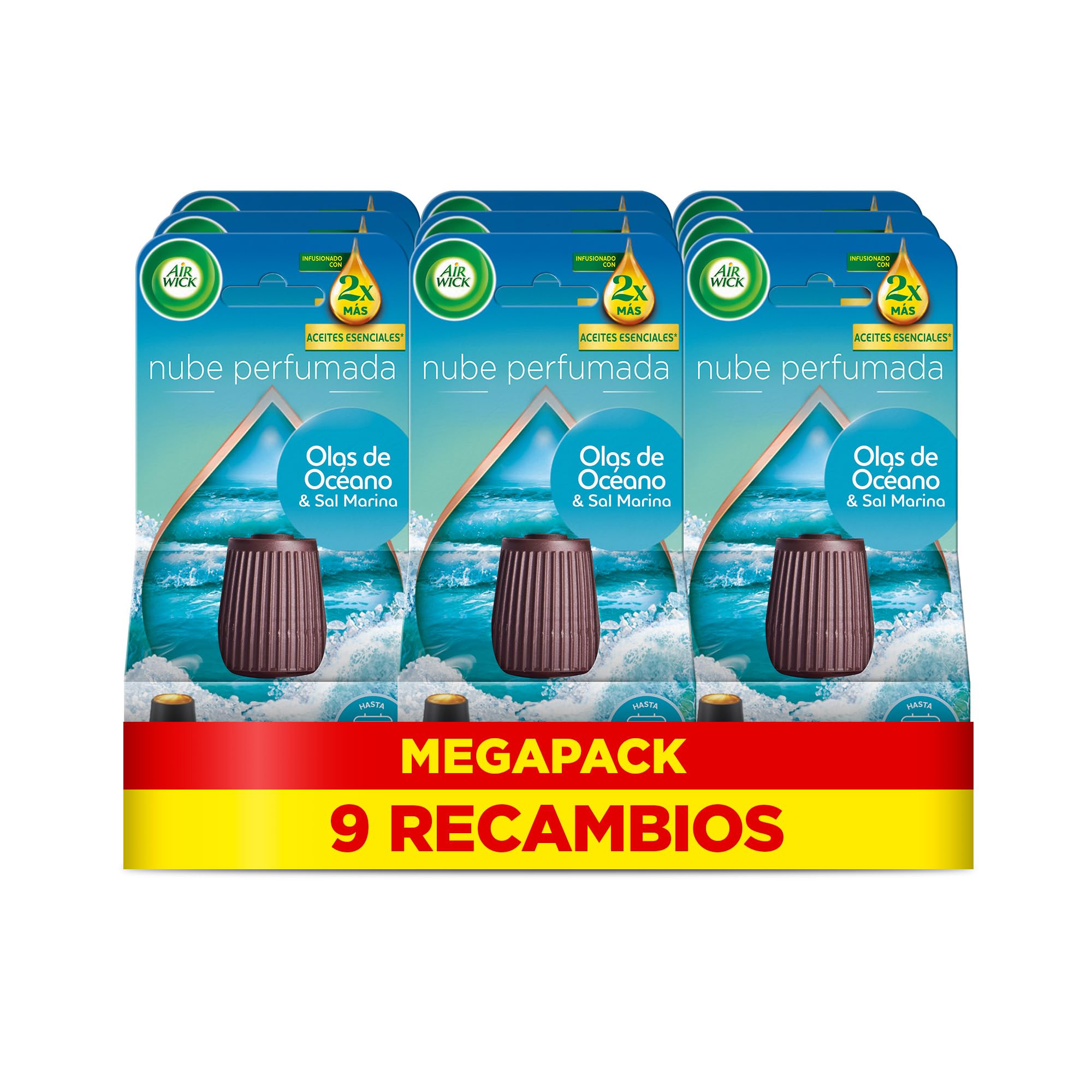Air Wick Essential Mist - Recambio de Ambientador Difusor de Aceites Esenciales con Aroma a Brisa Marina, 9 x 20ml