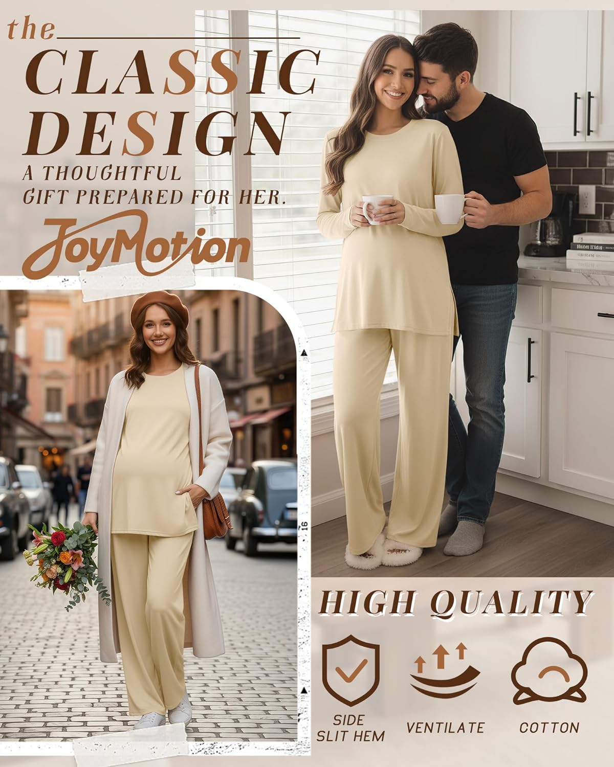 Women's Maternity Lounge Sets 2 Piece Knit Pajamas Long Sleeve Side Slits Top Adjustable Pant Pregnancy Outfit - Image 2