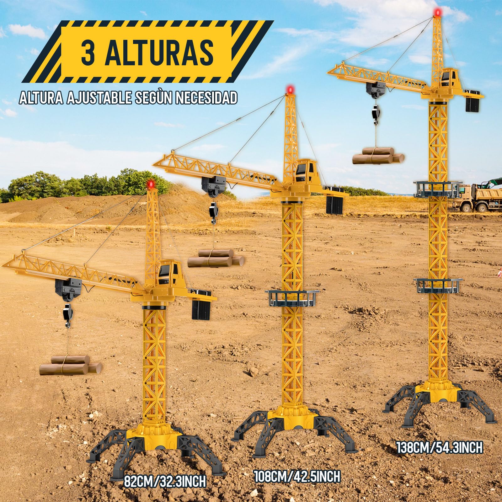 JONRRYIN Grúa de torre teledirigida de 138 cm de altura, 2,4 Hz y 6 canales, grúa teledirigida con luces para niños