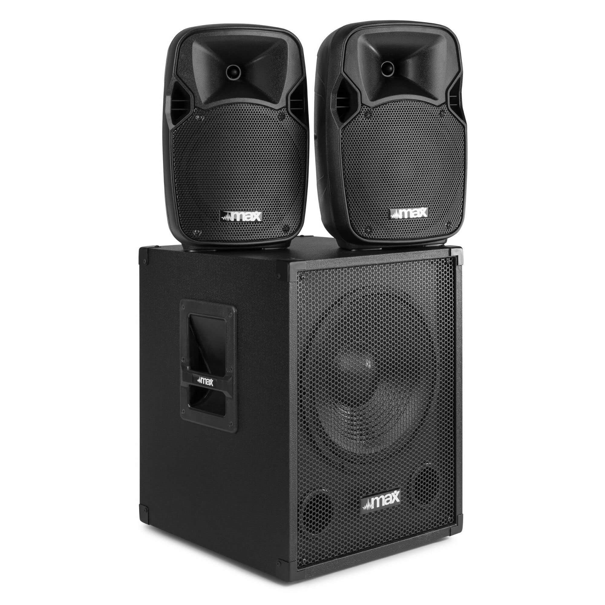 MAX MX700 DJ Boxen Set mit einem aktiven 12 Zoll Subwoofer und Zwei Passive 8 Zoll Lautsprecher, 700 Watt PA Anlage Komplettset für Mobile DJs und Musiker auf kleinen Veranstaltungen, Schwarz