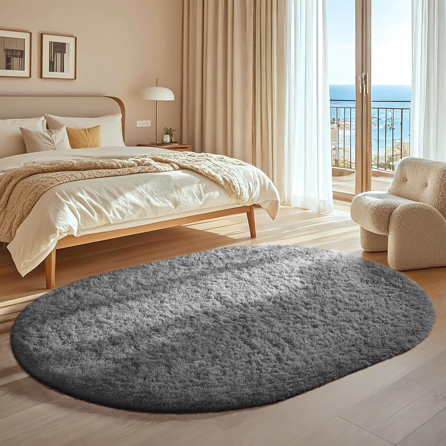 Ophanie 4x6 Oval Grey Rugs for Bedroom Living Room, Fluffy Fuzzy Furry Carpet, Plush Soft Shaggy Bedside Indoor Floor Area Rug for Kids Girls Boys Baby Teen Dorm Nursery Home Decor Aesthetic