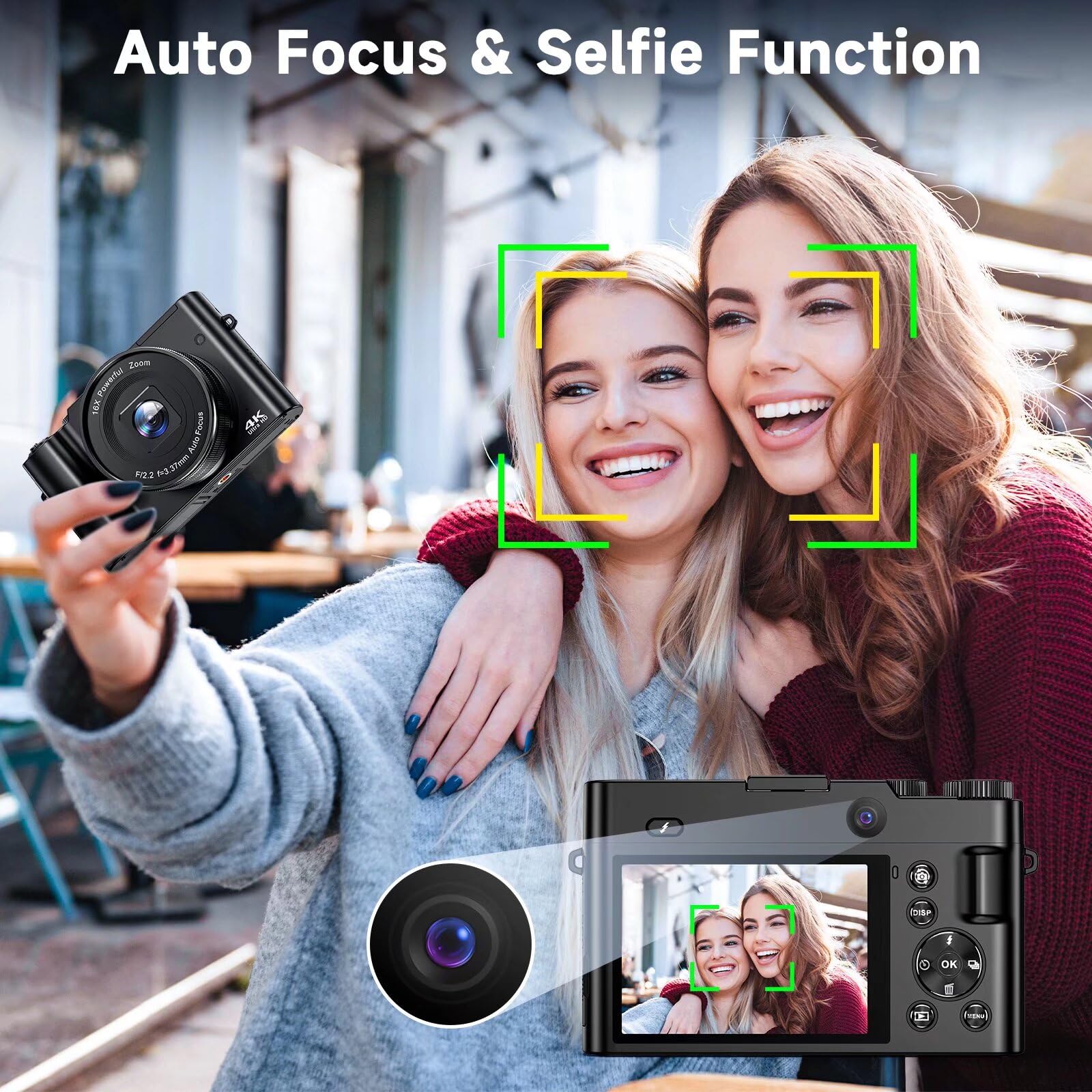 Fotocamera Digitale con WiFi 4K 64MP Macchina Fotografica Digitale Compatta per Vlogging con Schermo Ribaltabile 180°, Zoom Digitale 16X, Autofocus, Anti-Shake, Scheda Da 32 GB, 2 Batterie