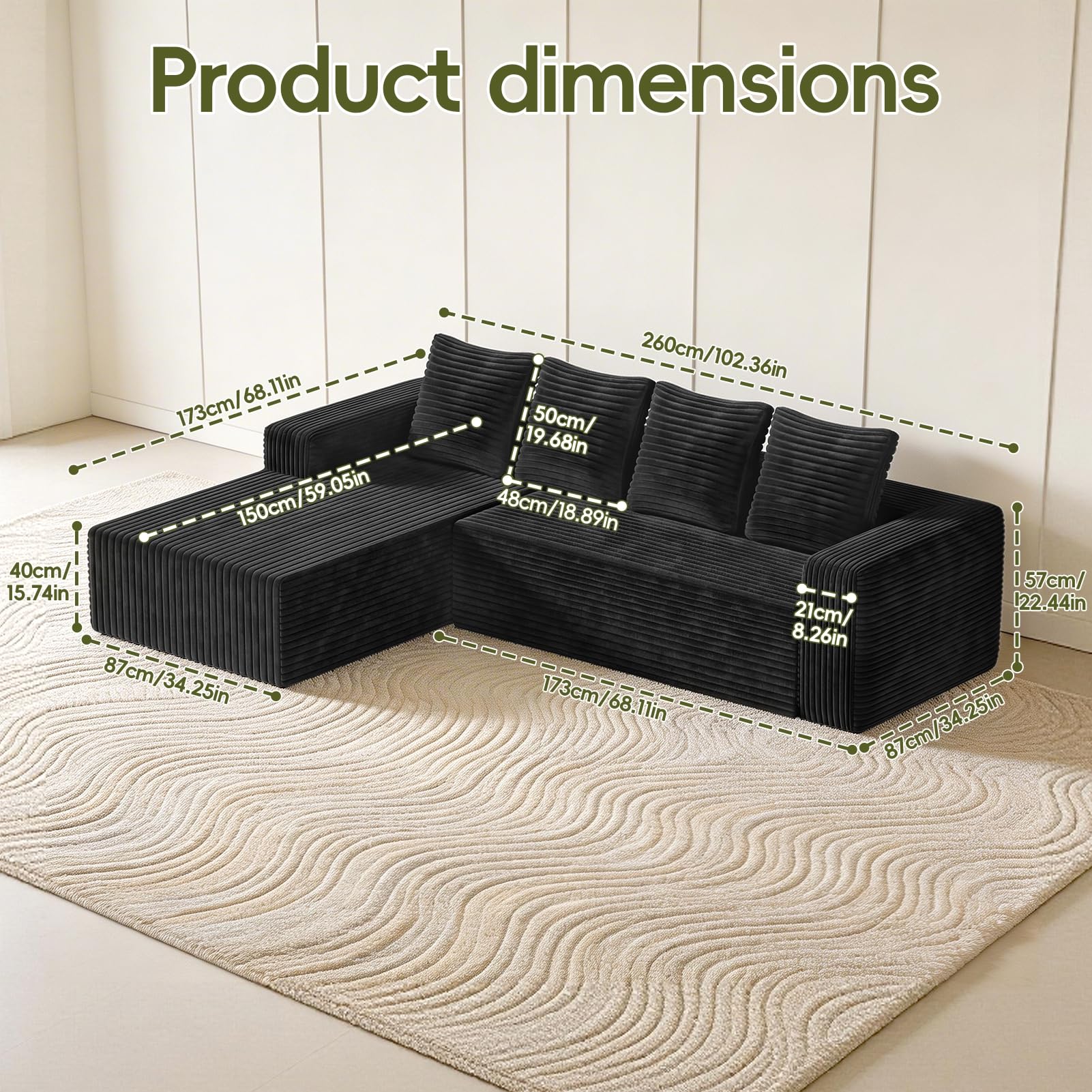 Sofá seccional Cloud en forma de L moderno modular para sala de estar con asientos profundos, sofá tapizado de tela de panel, no requiere montaje, 260 cm de ancho, negro, talla única