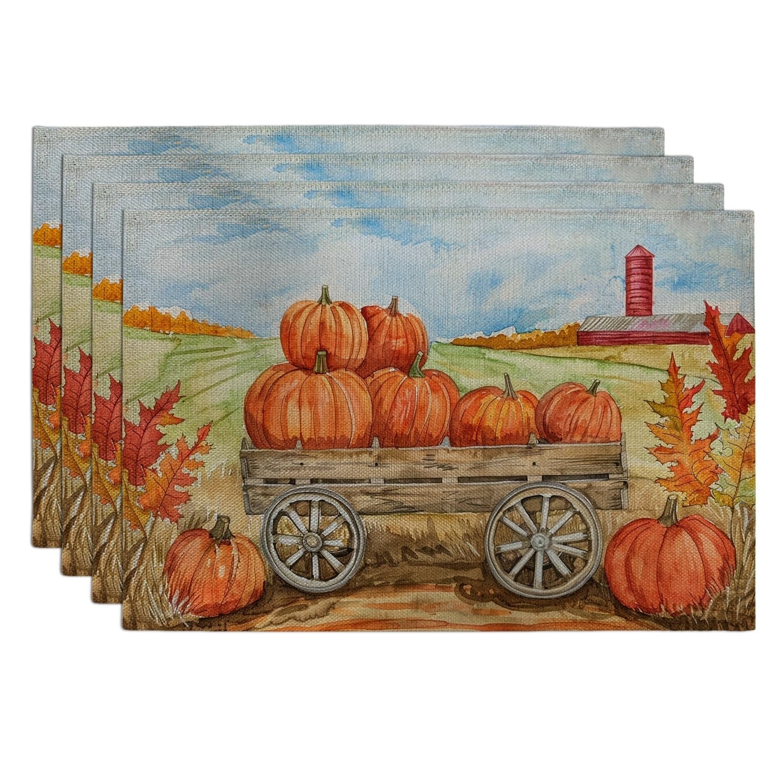 Fall Harvest Pumpkin Placemats, Orange Country Rustic Table Mats for Dining, Non-Slip Washable Indoor Outdoor Party Decorative Placemat Set of 4