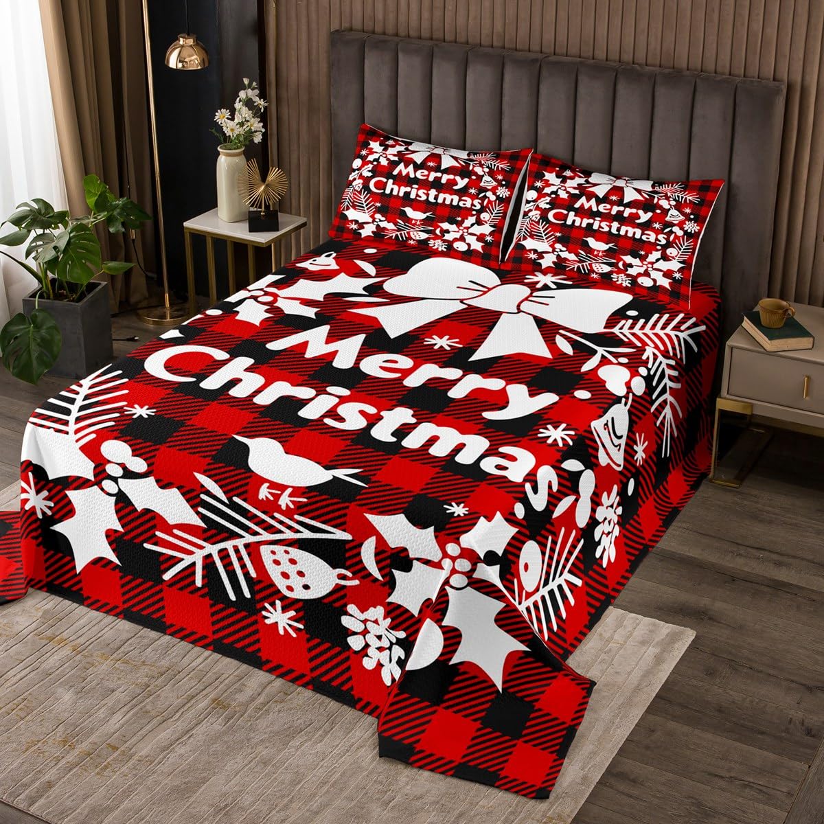 Feelyou Christmas Bedspread Kids Red Black Buffalo Check Quilted Coverlet for Boys Girls Merry Christmas Xmas Theme Coverlet Set Breathable Snowflake Quilted Room Decor King Size