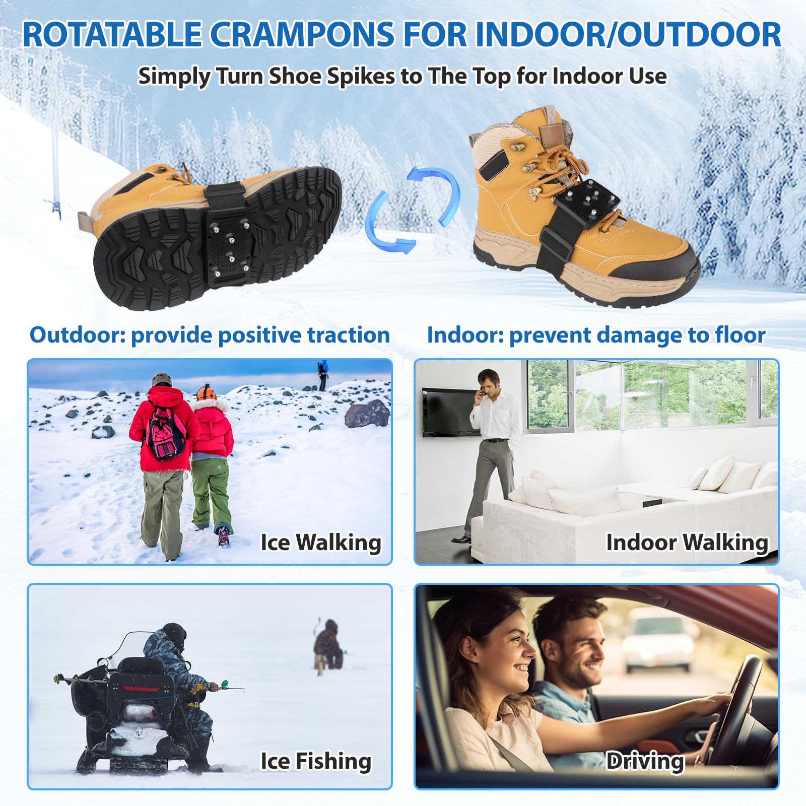 SYOURSELF Crampons à glace pour chaussures et bottes, semelle intermédiaire rotative, crampons de traction pour la neige et la glace, crampons antidérapants en tungstène pour homme et femme, pour