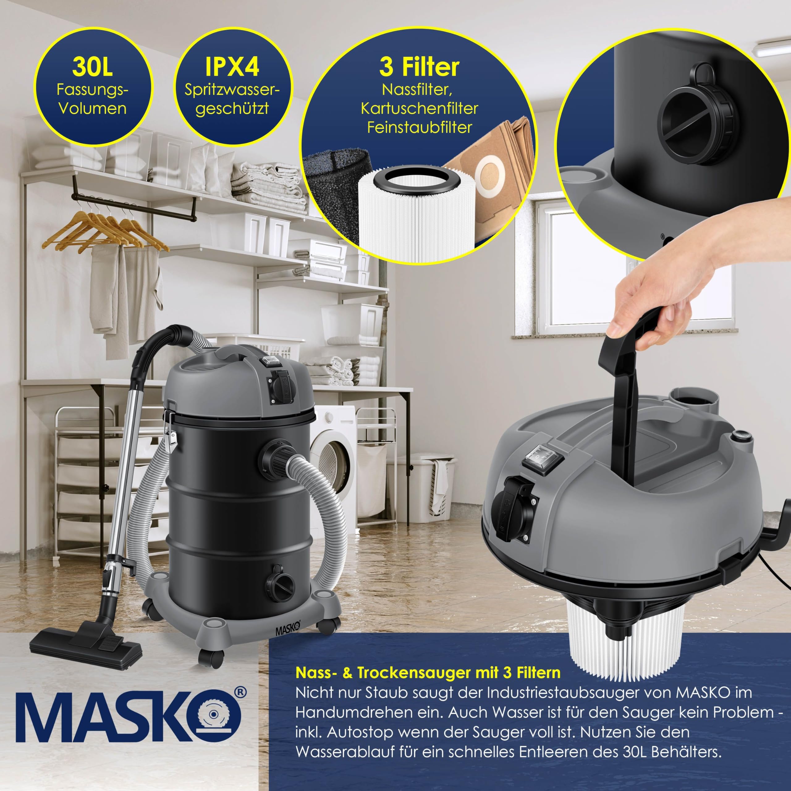 Masko® Aspirapolvere industriale 6 in 1, 2300 W + presa ✓ Funzione soffiaggio ✓ Aspirazione a secco e a umido | Aspirapolvere industriale con e senza sacchetto, Grigio
