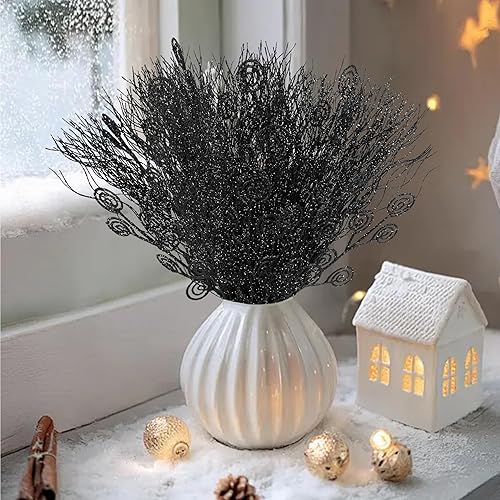 Vista 26 de Watayo 12 Pcs Halloween Artificial Curly Willow Branches, Fake Black Silver Glitter Curly Twig Stems Ornaments, Faux Halloween Glitter Sticks