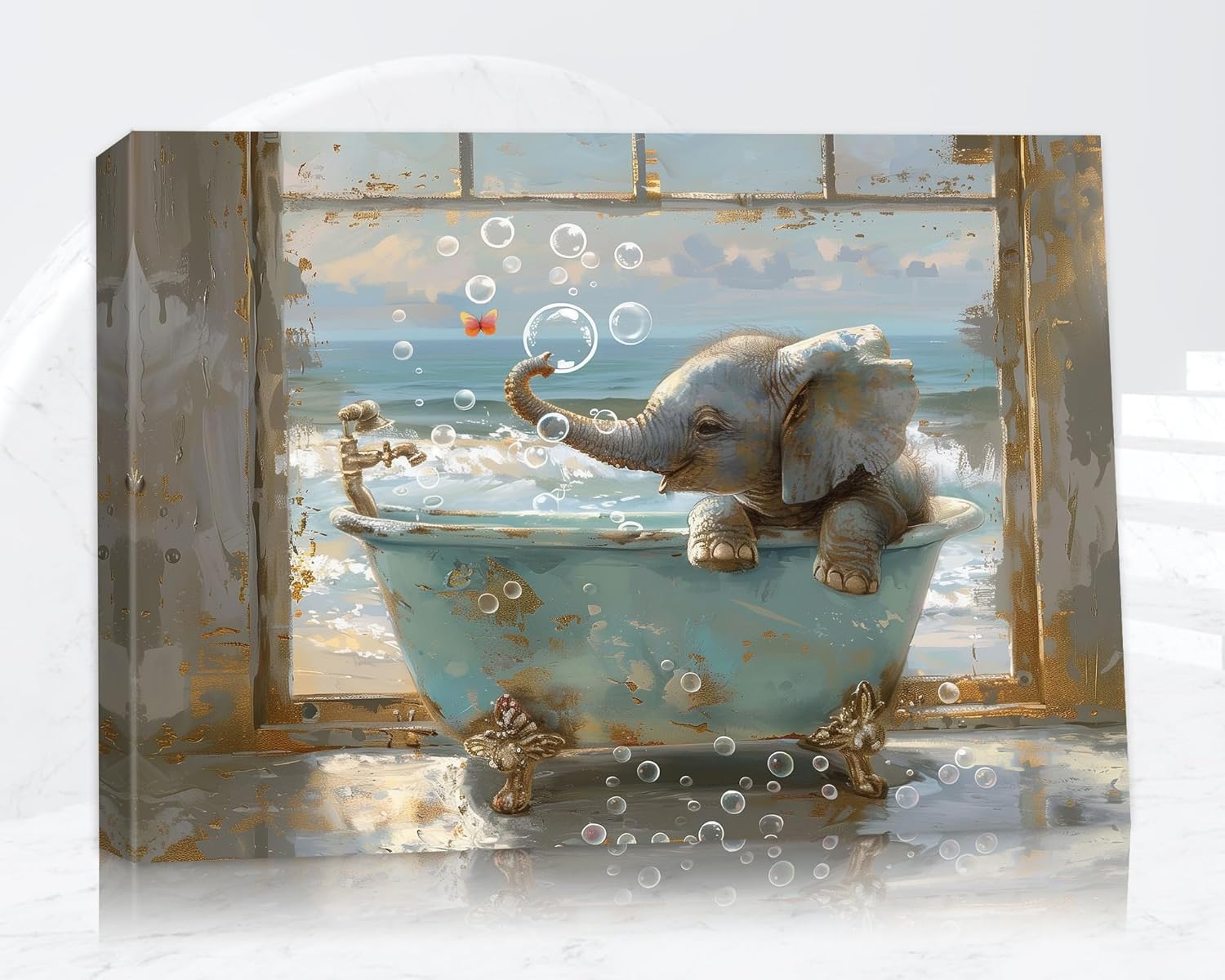 Funny Bathroom Wall Art, Kids Bathroom Decor, Baby Elephant in Bathtub Canvas Print, Animal in Teal Bathtub Pictures, Vintage Window Seascape Painting Framed Art for Rustic Restroom Decor 18x24 Inches