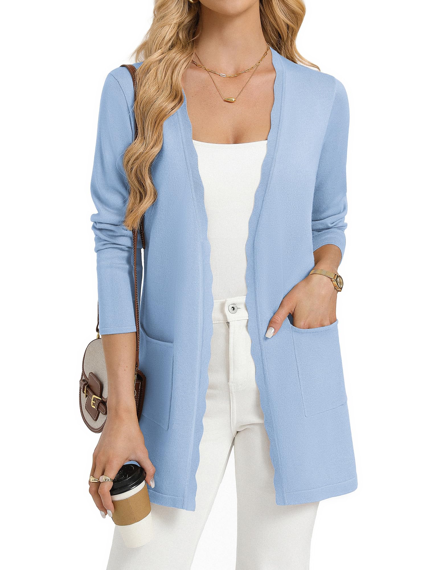 GRACE KARIN Strickjacke Damen Lang Sommer Leichte Offene Front Cardigan Elegant Langärm V-Ausschnitt Blazer mit Taschen