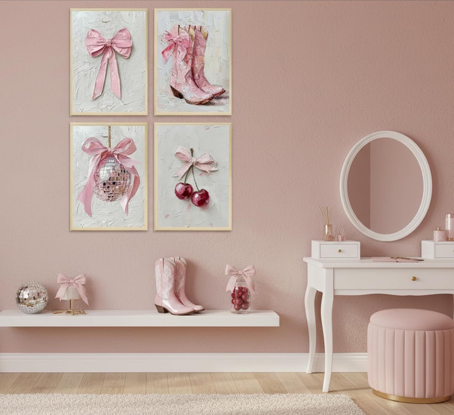4Pcs Pink Trendy Bow Wall Art Coquette Fashion Preppy 3D Texture Posters Paintings Pictures Wall Decor Canvas Prints Artwork for Apartment Girl Room Bedroom Woman Room Home Decoration Unframed