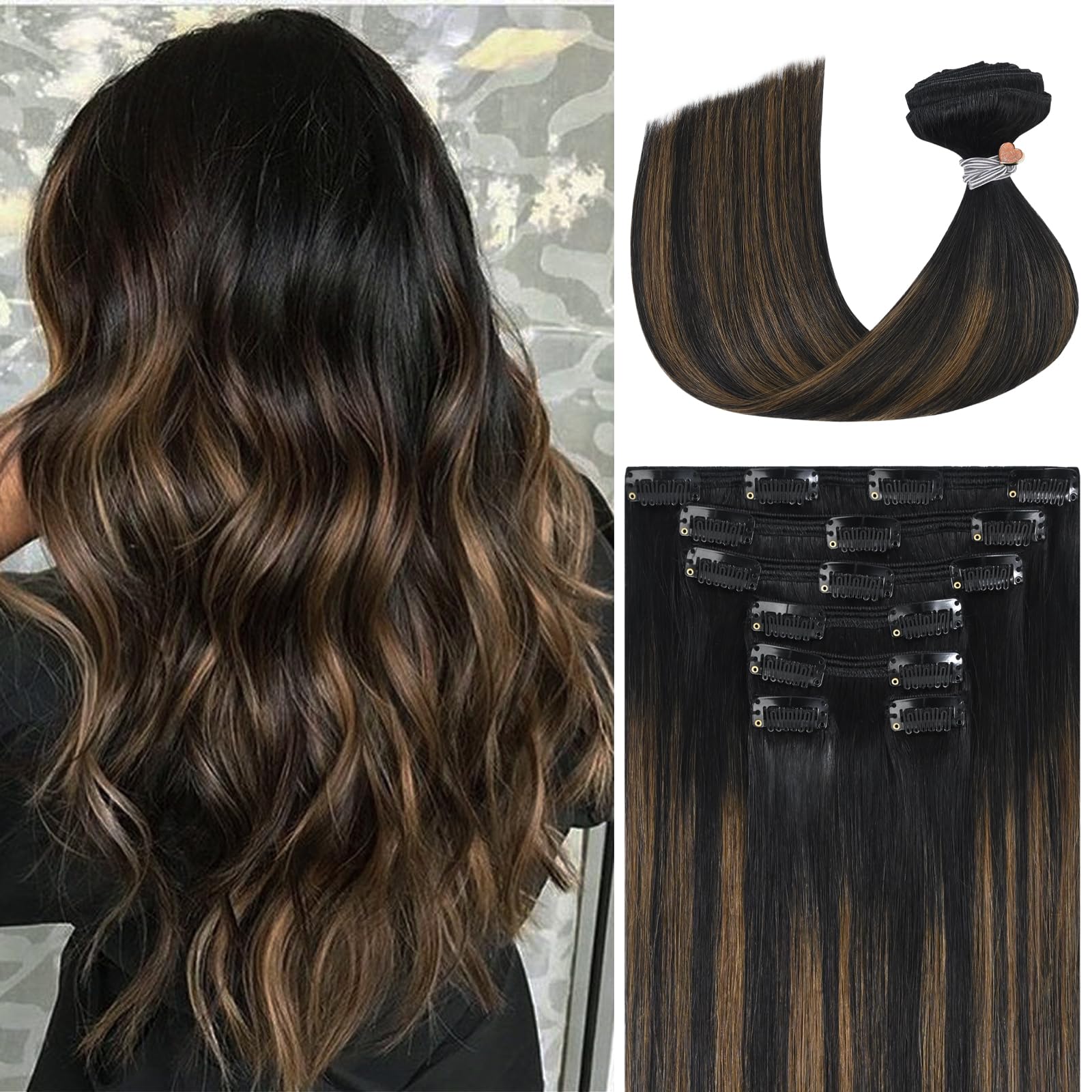 Ukira Balayage Clip in Hair Extensions Real Human Hair, 14 Inch 120g 7pcs Ombre Hair Extensions Natural Black to Chestnut Brown, Natural Straight Remy