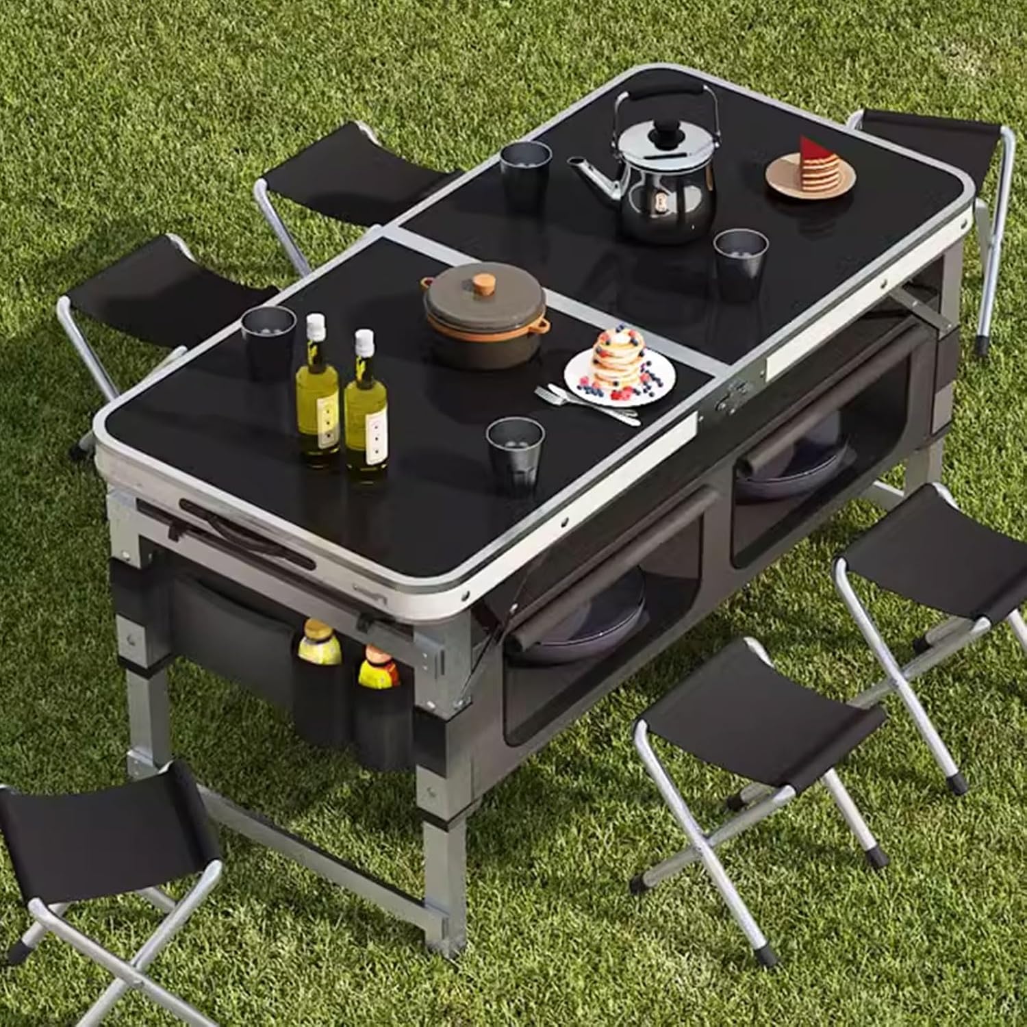 Campingtisch Mit 2 Stühlen Klappbar Set Aluminium Klapptisch, Multifunktionaler Camping Klapptisch Mit Ablagefläche, Für Outdoor, Picknick
