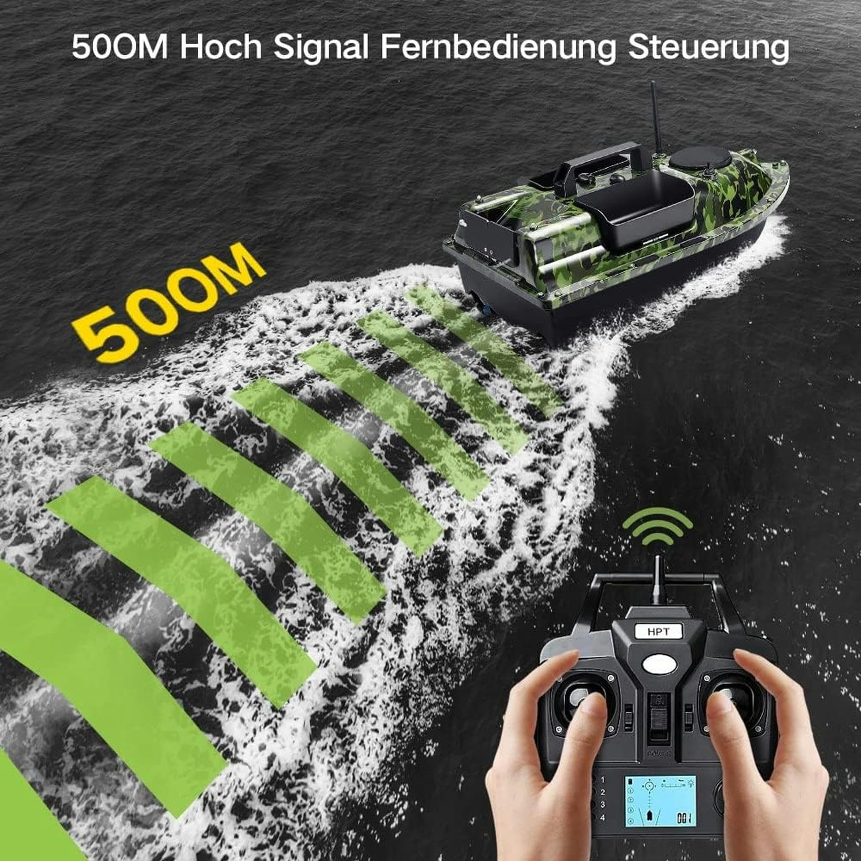 500M 3 Trémies GPS Bateau amorceur, Appâts De Pêche Bateau Carpe Crochet Post Bateau RC, Capteur LCD Sondeur, Avec Sac À Main, 12000mAh Batterie Grande Capacité, Offrez des antennes, des hélices.(Size