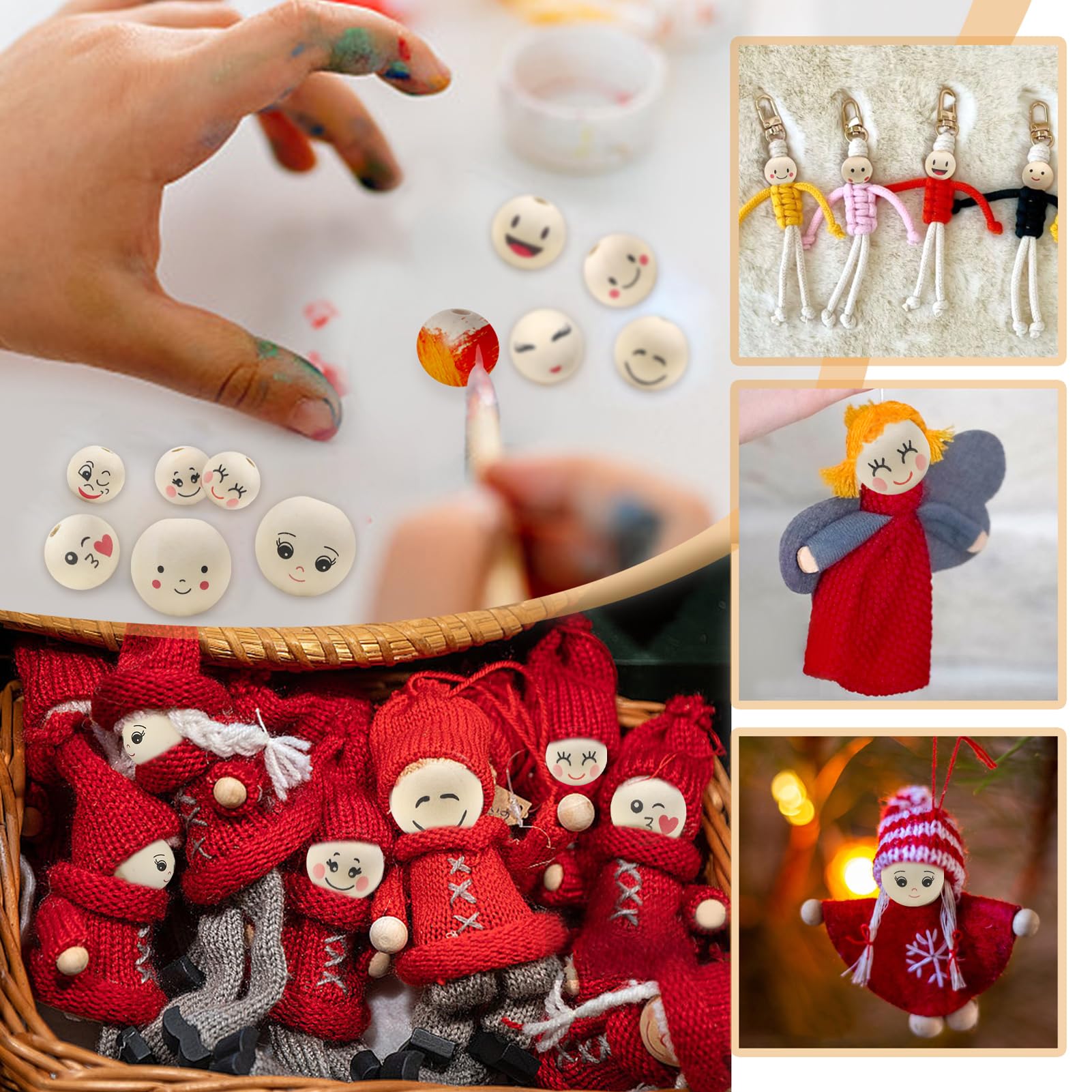 80 Pièces De Perles Rondes En Bois De 20mm Avec Trou, Visage