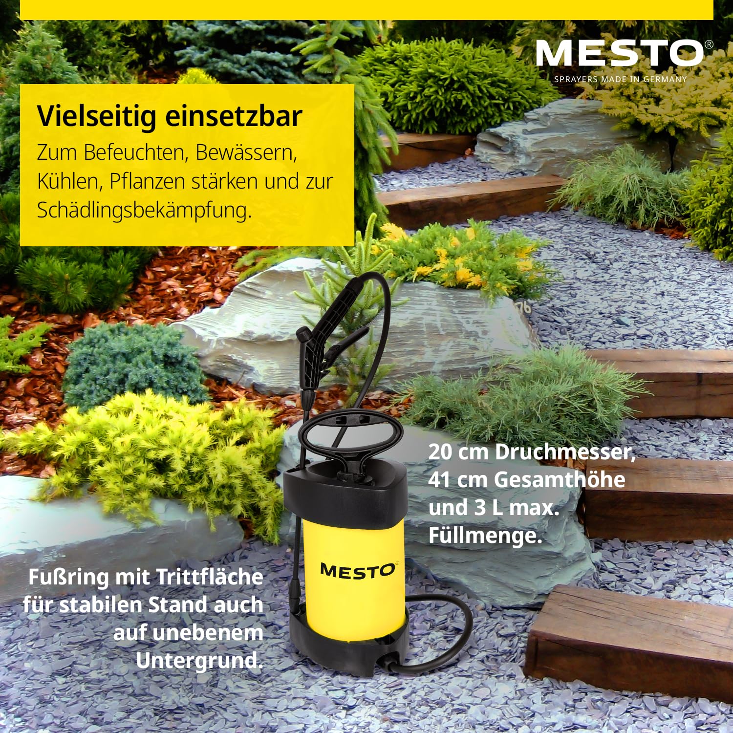 Mesto Flori COMPACT Drucksprühgerät 3L Set inkl. Spritzschirm rund | Drucksprüher 3 bar | Sprühflasche für Haus & Garten | Pumpsprühflasche für Pflanzen | Unkrautvernichter & Pflanzenschutz