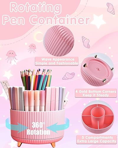 Miniatura 2 de Accesorios de escritorio rosa, 20 piezas de suministros de oficina y soporte para bolígrafos de 360, con dispensador de cinta, grapadora, removedor