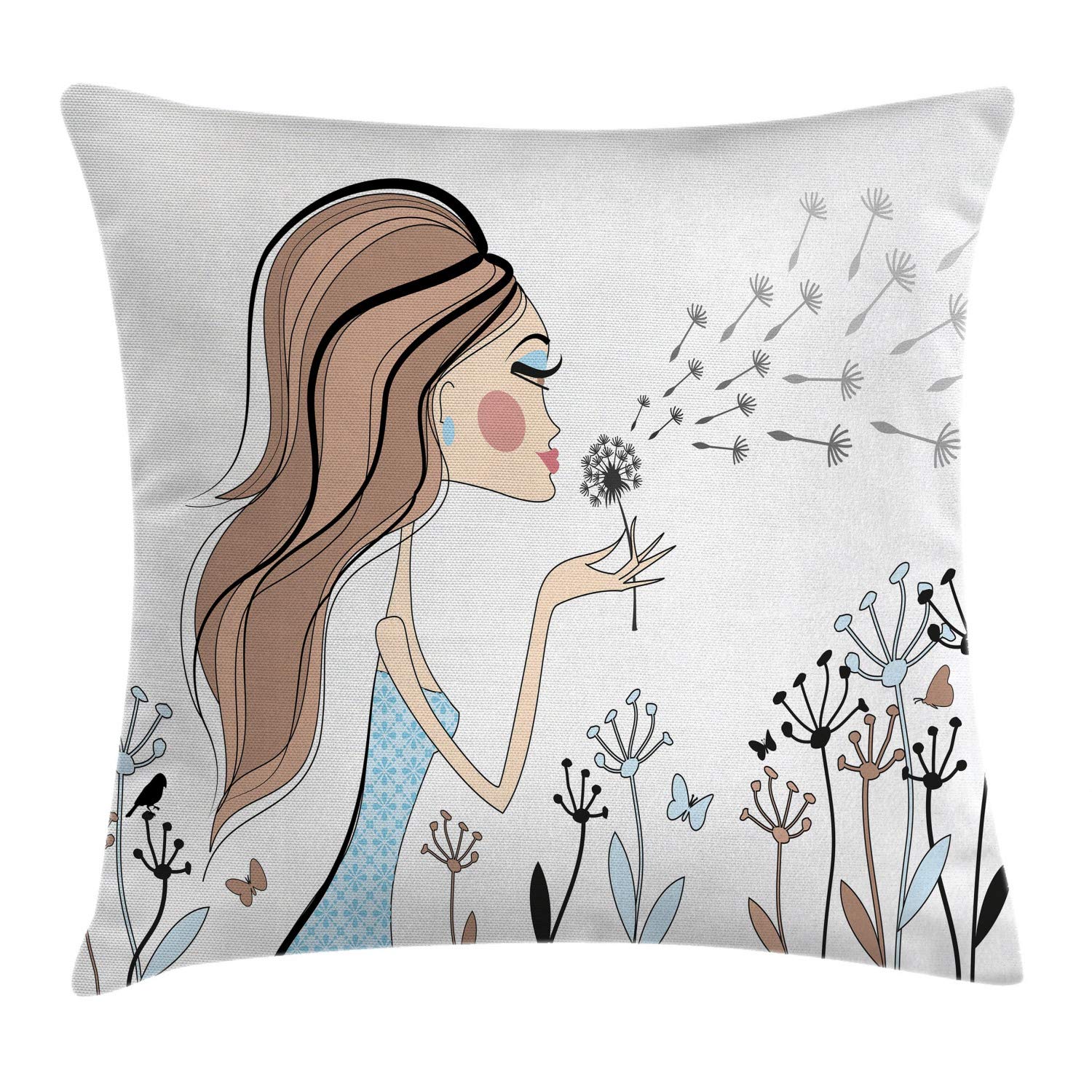 Ambesonne Retro Throw Pillow Cushion Cover, Fashion Woman with Dandelion Flower Spring Wind Garden Sketchy Illustration, Decorative Square Accent Pillow Case, 16" X 16", Blue