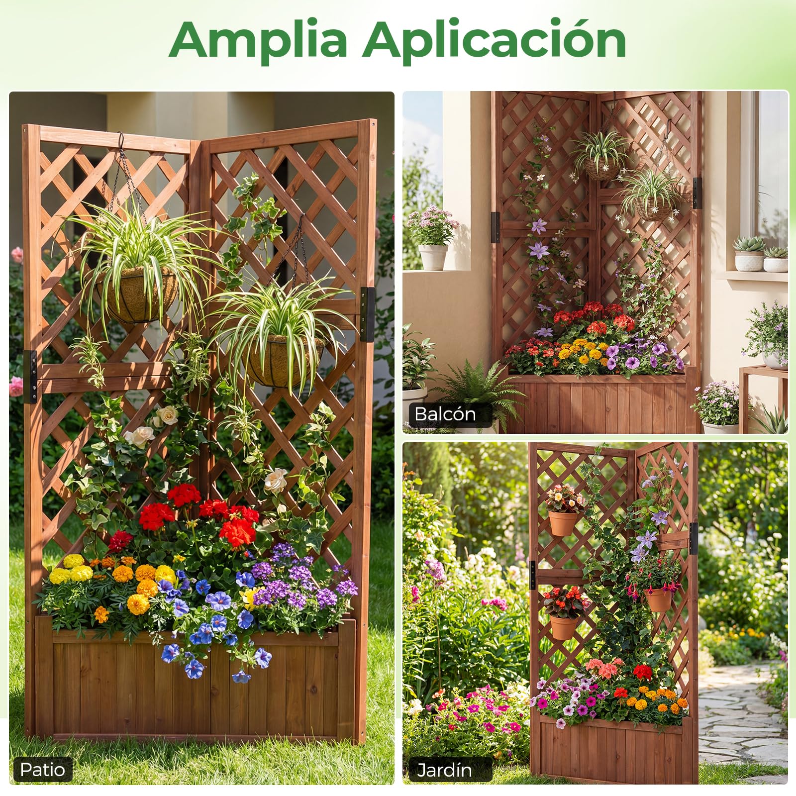 GOPLUS Jardineras con Enrejado Angular de Madera, Cama Elevada de Jardín, Orificios de Drenaje, para Flores Verduras Plantas Trepadoras, Macetero Exterior para Patio Jardín, 55 x 55 x 140 cm (Marrón)