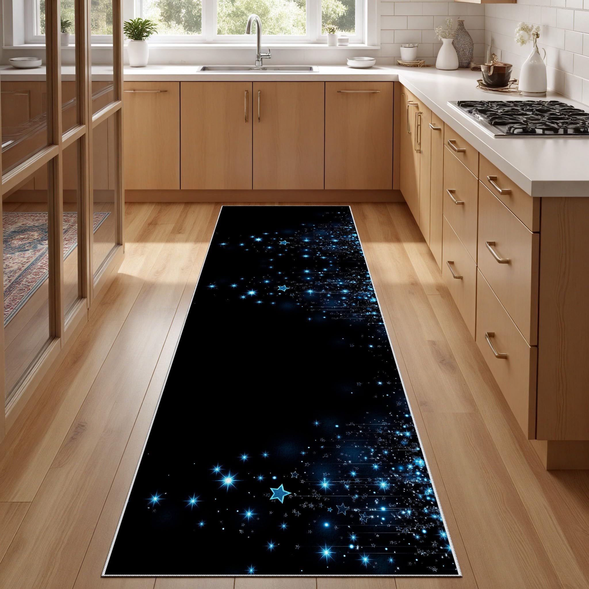 Teppich Läufer Flur Weltraum Stern Lang Waschbar und rutschfest Galaxy Sternenhimmel Küchenläufer Universum Nebel Flurteppich für Küche & Eingangsbereich 60x150 cm