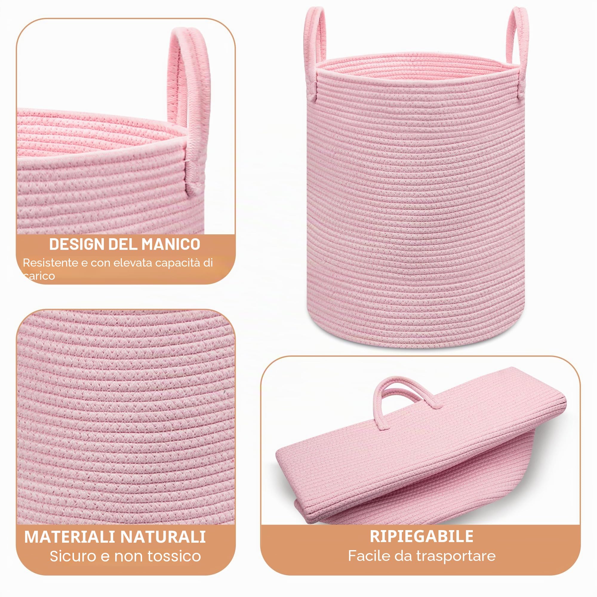 Cesto portabiancheria rosa, cesto portabiancheria in corda di cotone, cesto portaoggetti per coperta e giocattoli per soggiorno, camera da letto, bagno, cameretta dei bambini, rosa