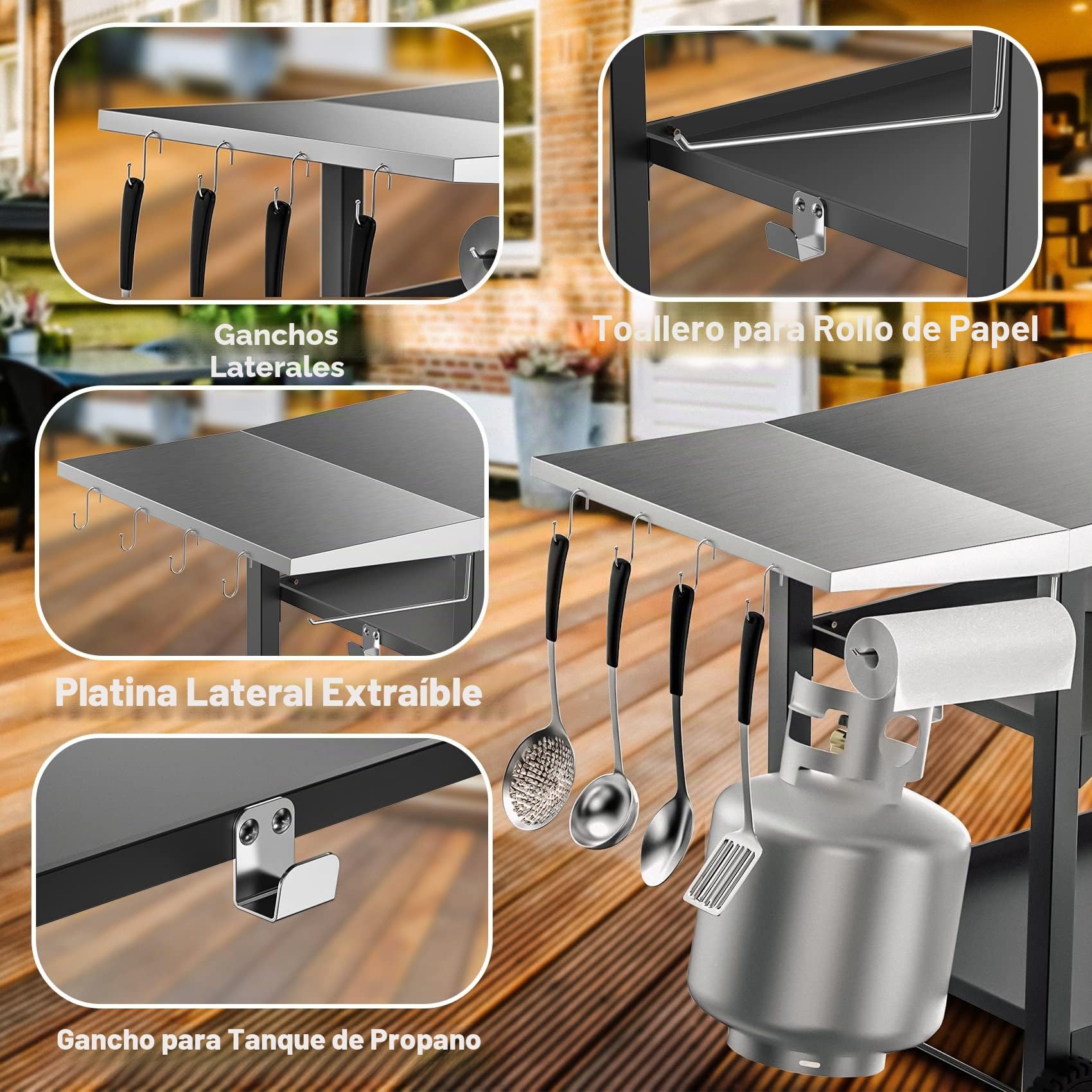 onlyfire Carros de Barbacoas, Mesa de Preparación de Alimentos de Acero Inoxidable con Mesa Auxiliar, Estantes de Acero de Dos Capas y Portautensilios