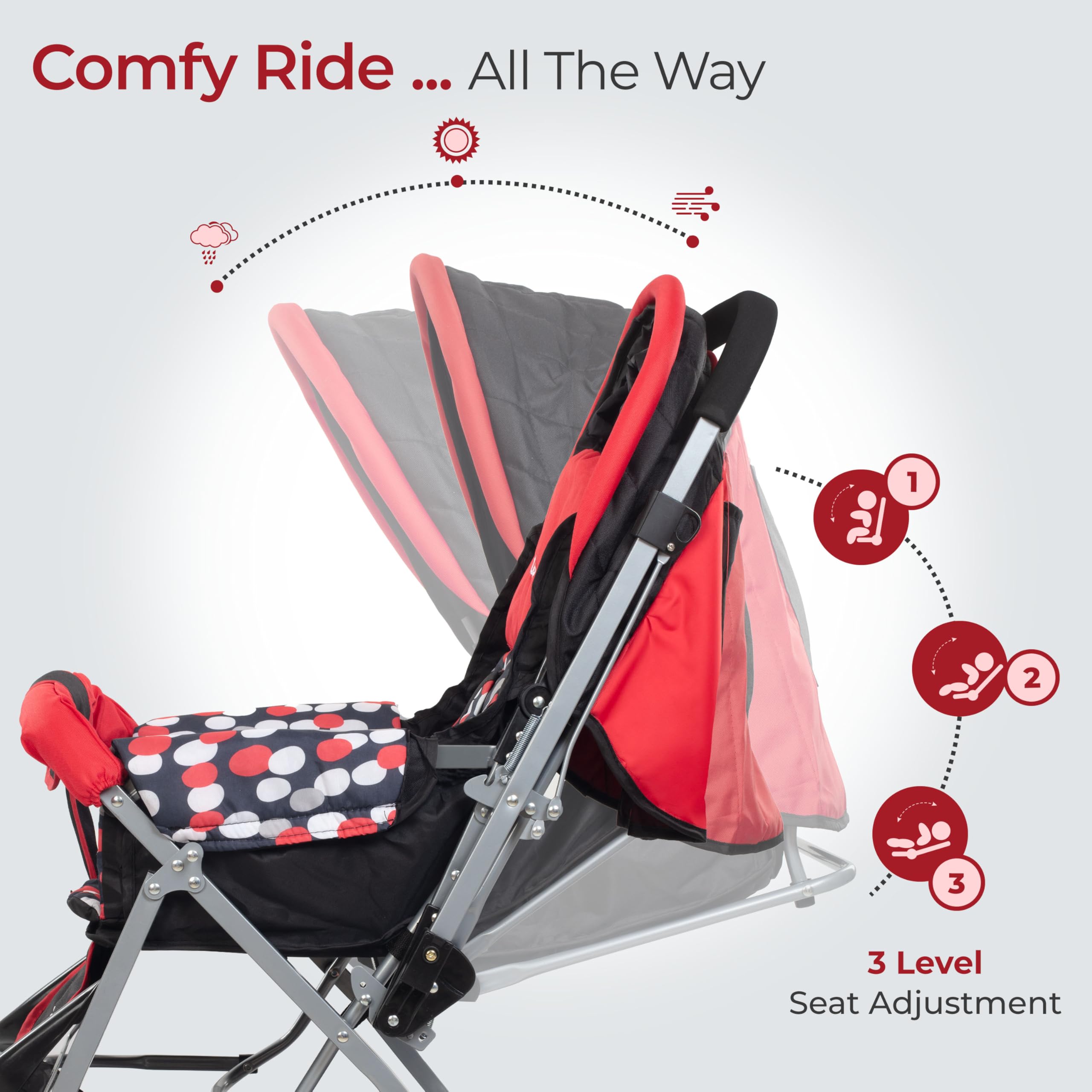 LuvLap Sunshine Baby Stroller/Pram for 0 to 3 Years, New Born/Toddler/Kid, 5 Point Safety Harness, Adjustable backrest, 360° Swivel Wheel, Large Storage Basket, Reversible Handlebar (Red) 3