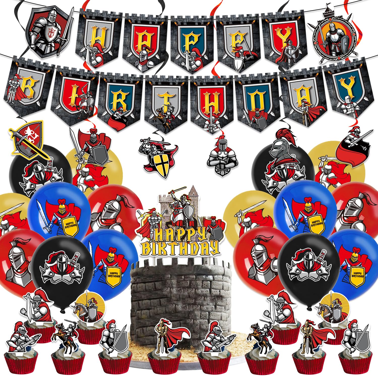 36Pcs Medieval Party Decorations, Castle Knight Theme Birthday Supplies, Kids Birthday Party Decor, Medieval Cake Decor Swirls, Knight Happy Birthday Banner