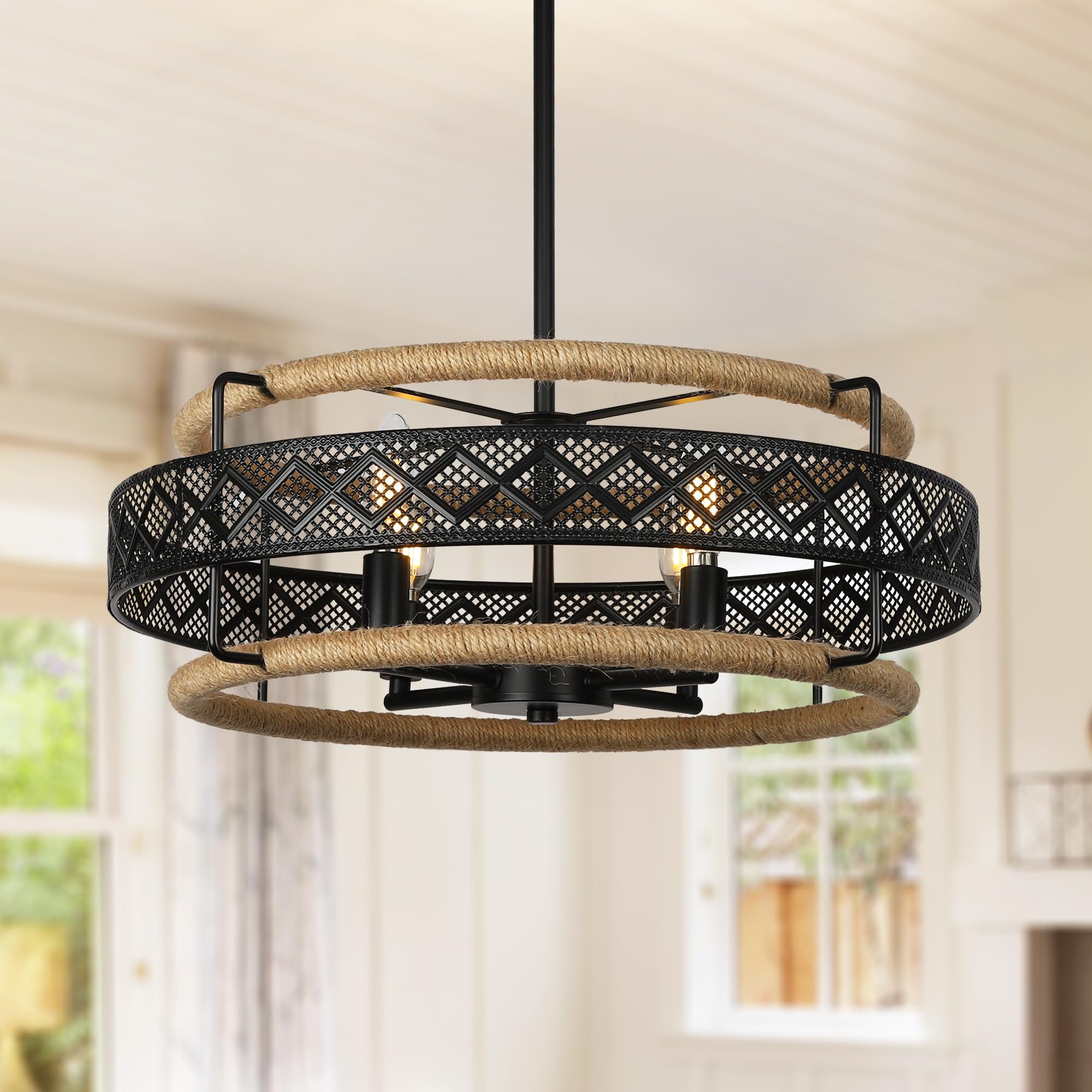 CNRATYE 19.7" Cage Farmhouse Chandelier, 4-Light Boho Rattan Chandelier Light Fixture, Coastal Woven Pendant Light, Rustic Round Chandeliers for Dining Room Kitchen Island Bedroom Hallway Office