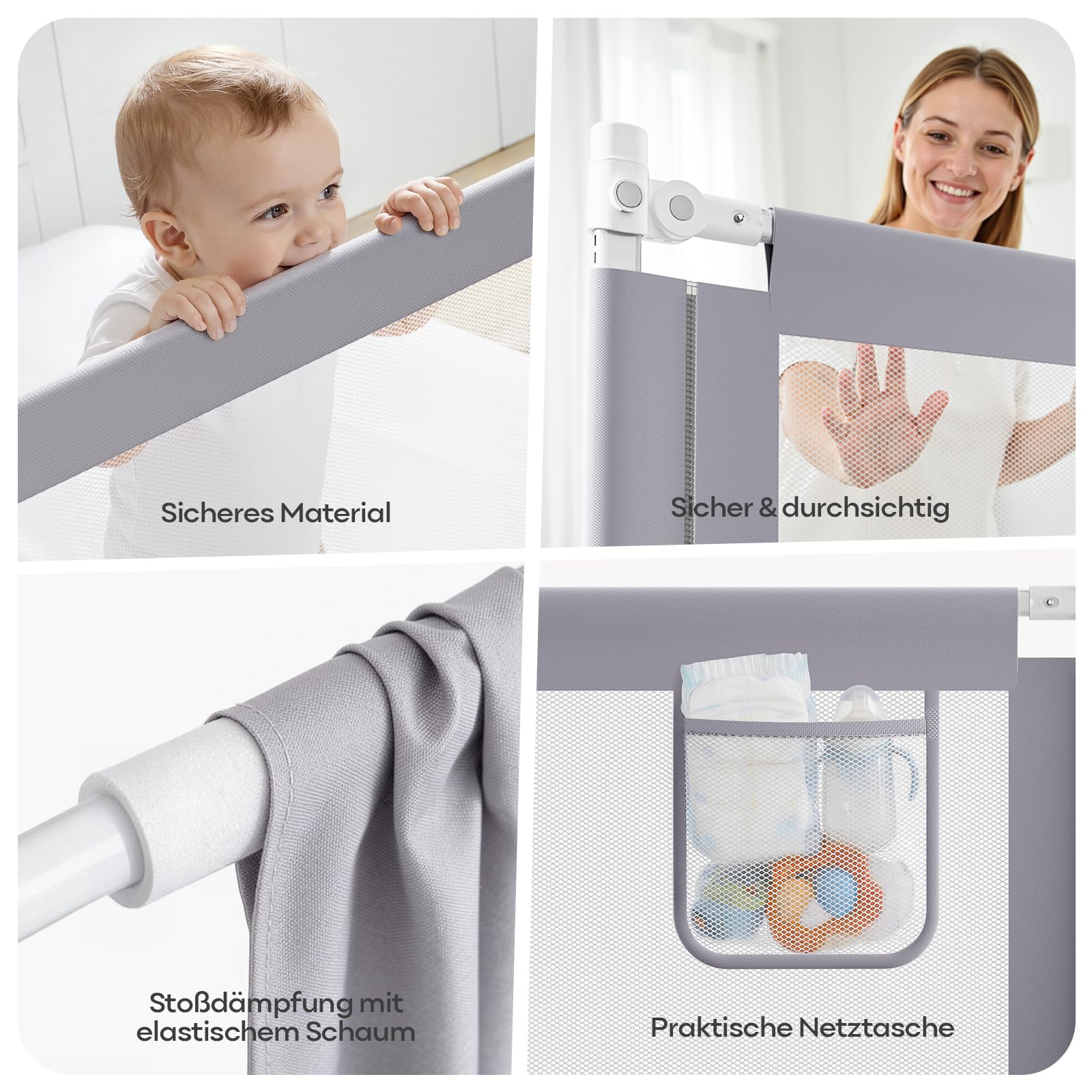 Rausfallschutz Bett (200cm+180cm) | Bettgitter Rausfallschutz für Boxspringbett, höhenverstellbar, mit Befestigungsgurten, Hellgrau (3 Stück)