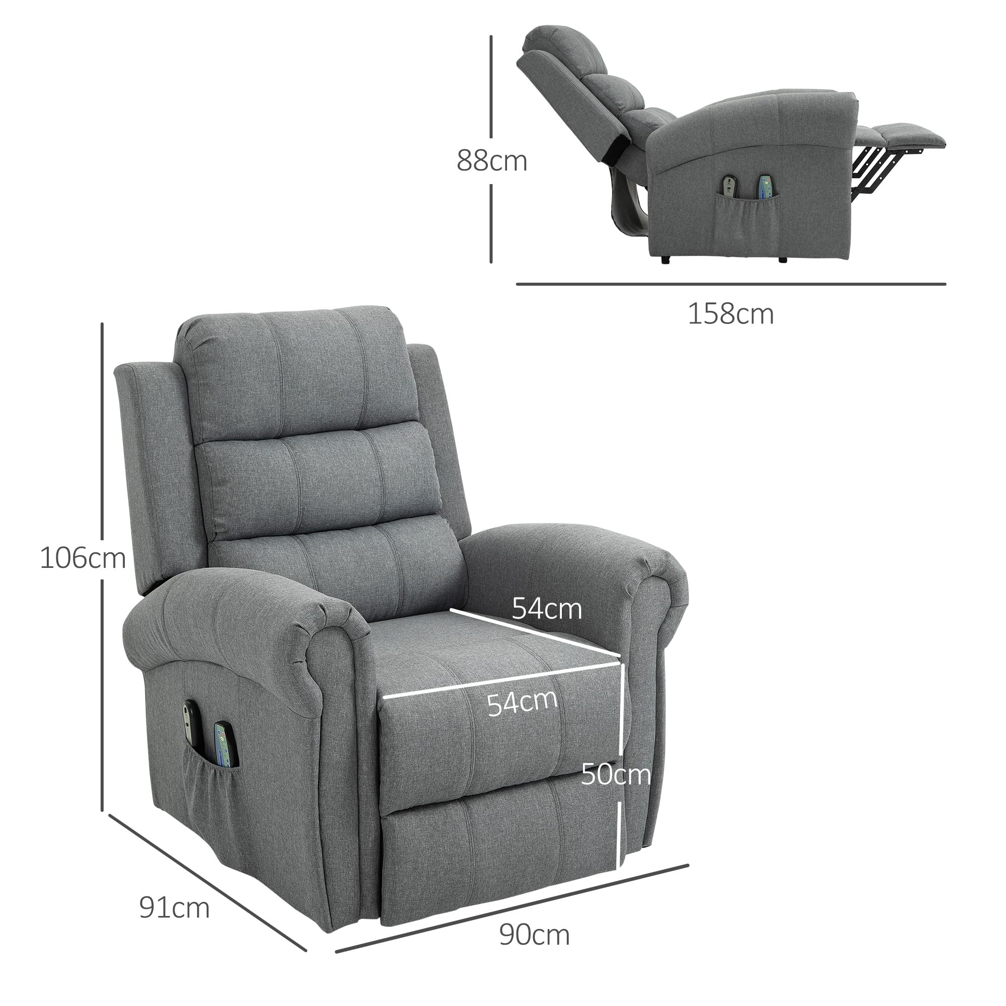 HOMCOM Sillón Relax Reclinable Eléctrico Levanta Personas, con Masaje Vibratorio y Calor, Sillón Elevador, con Control Remoto, Reposapiés, Tapizado en Lino, Bolsillos Laterales, Gris