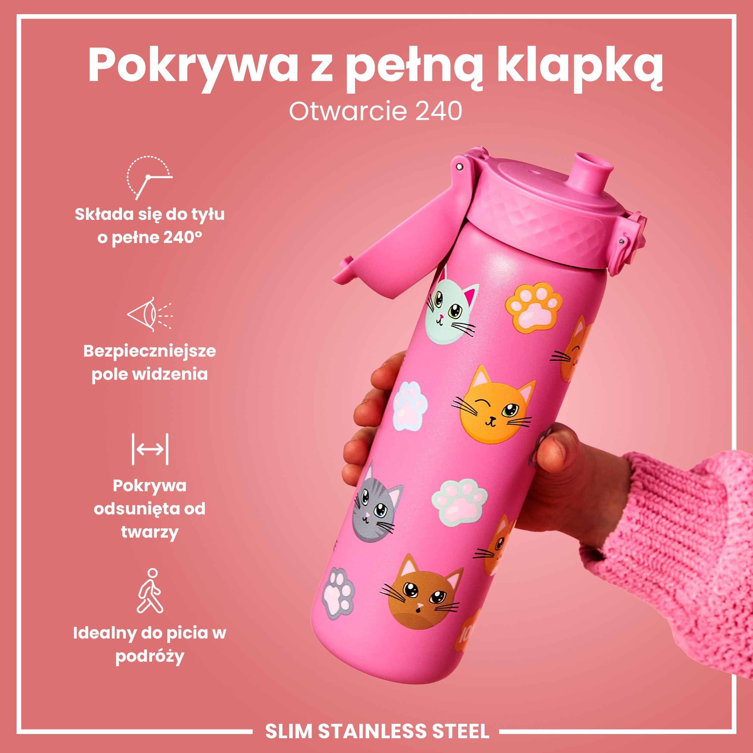 ION8 Butelka na Wodę, 500 ml/18 oz, Szczelna, Łatwe Otwieranie, Bezpieczny Zamek, Można Myć w Zmywarce, Bez BPA, Higieniczne Pokrycie, Uchwyt do Przenoszenia, Łatwa Czyszczenie, Bezwonny, Motyw Koty