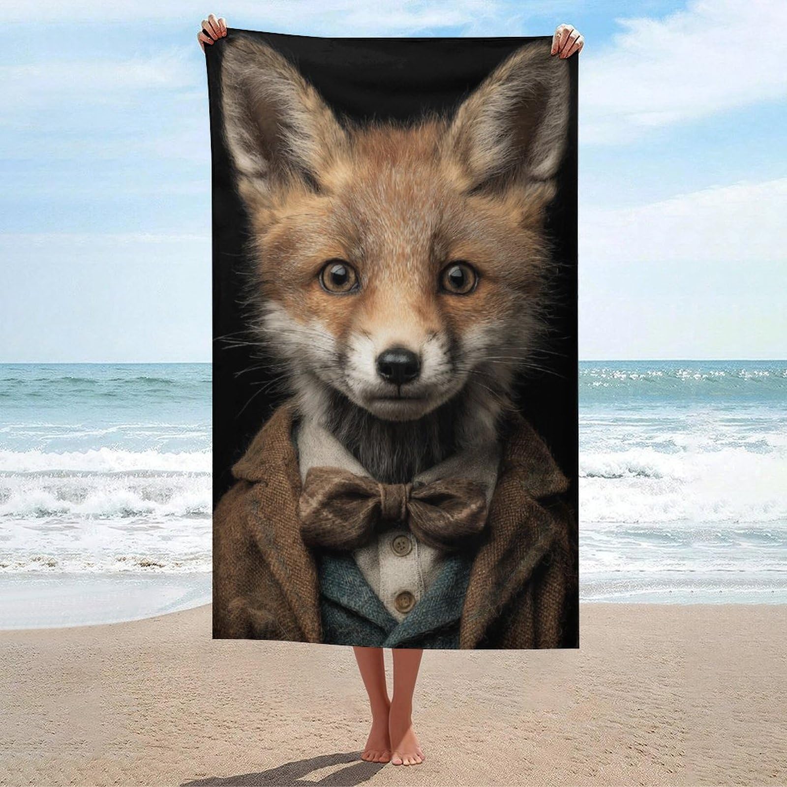 asbwuo Fox with Bow Tie and Green Jacket Beach Towel