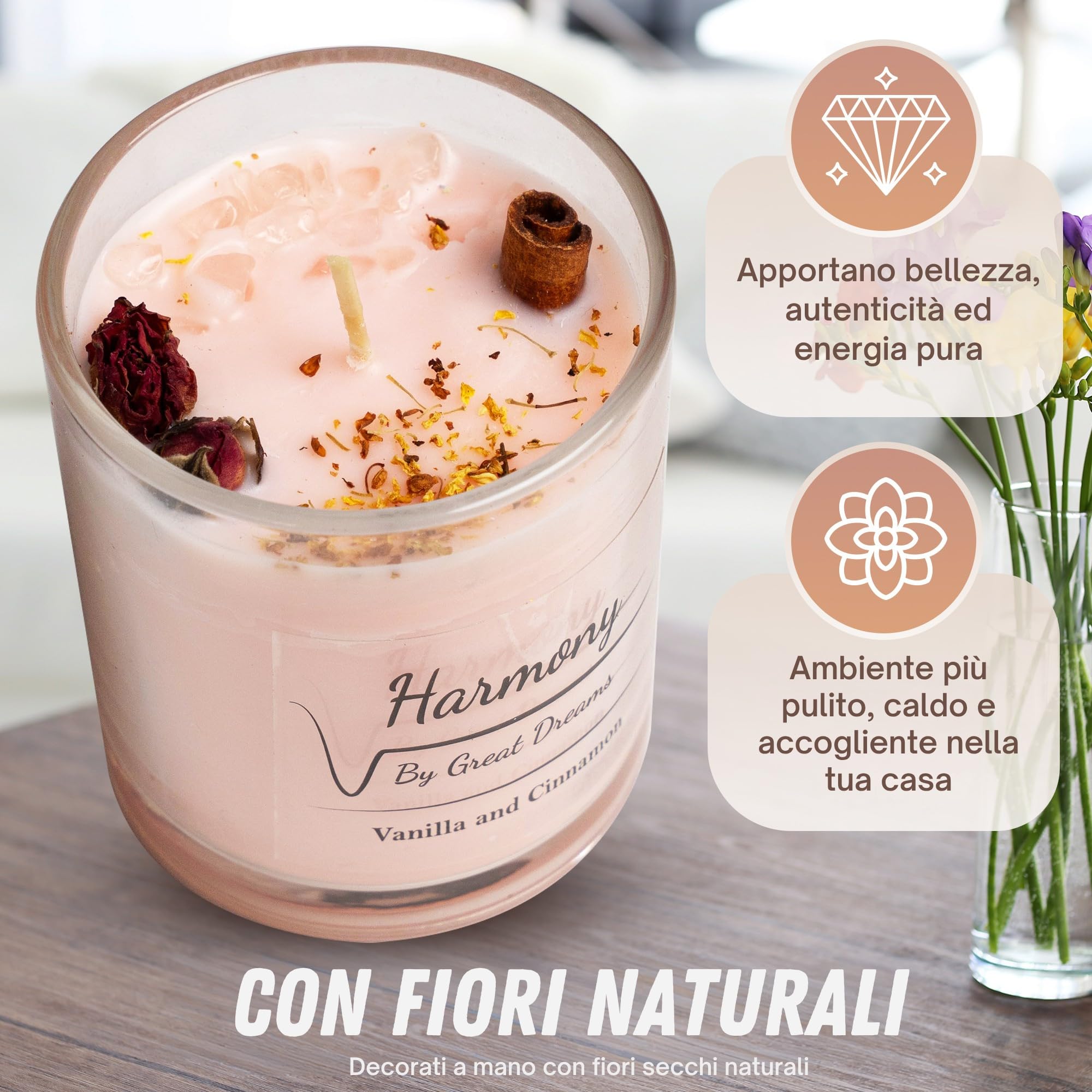 GreatDreams® Set 2 Candele Profumate Curative con Pietre Naturali - Candele Decorative Fatte a Mano Senza Paraffina - Set Regalo di Candele Profumate per Donne - Regali Originali per Donne.