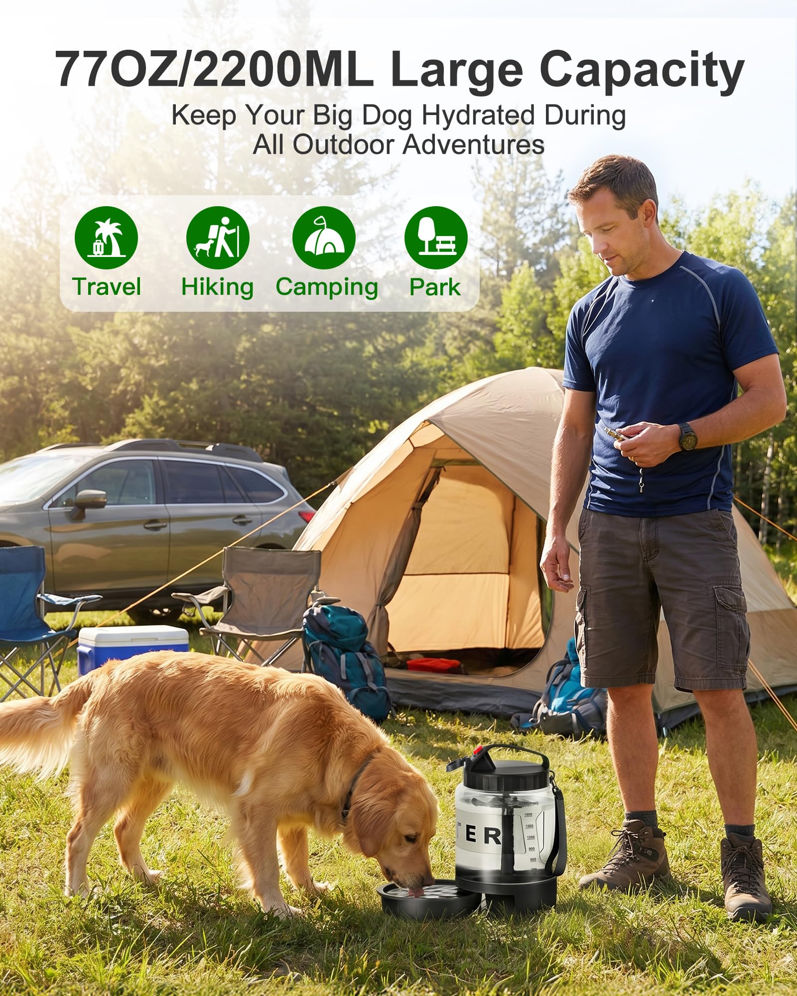 Botella de agua para perros de 76 onzas, dispensador grande de cuenco de agua para perros con cuenco extraíble, agua de viaje portátil para perro, accesorios de playa para perros, camping con perros,