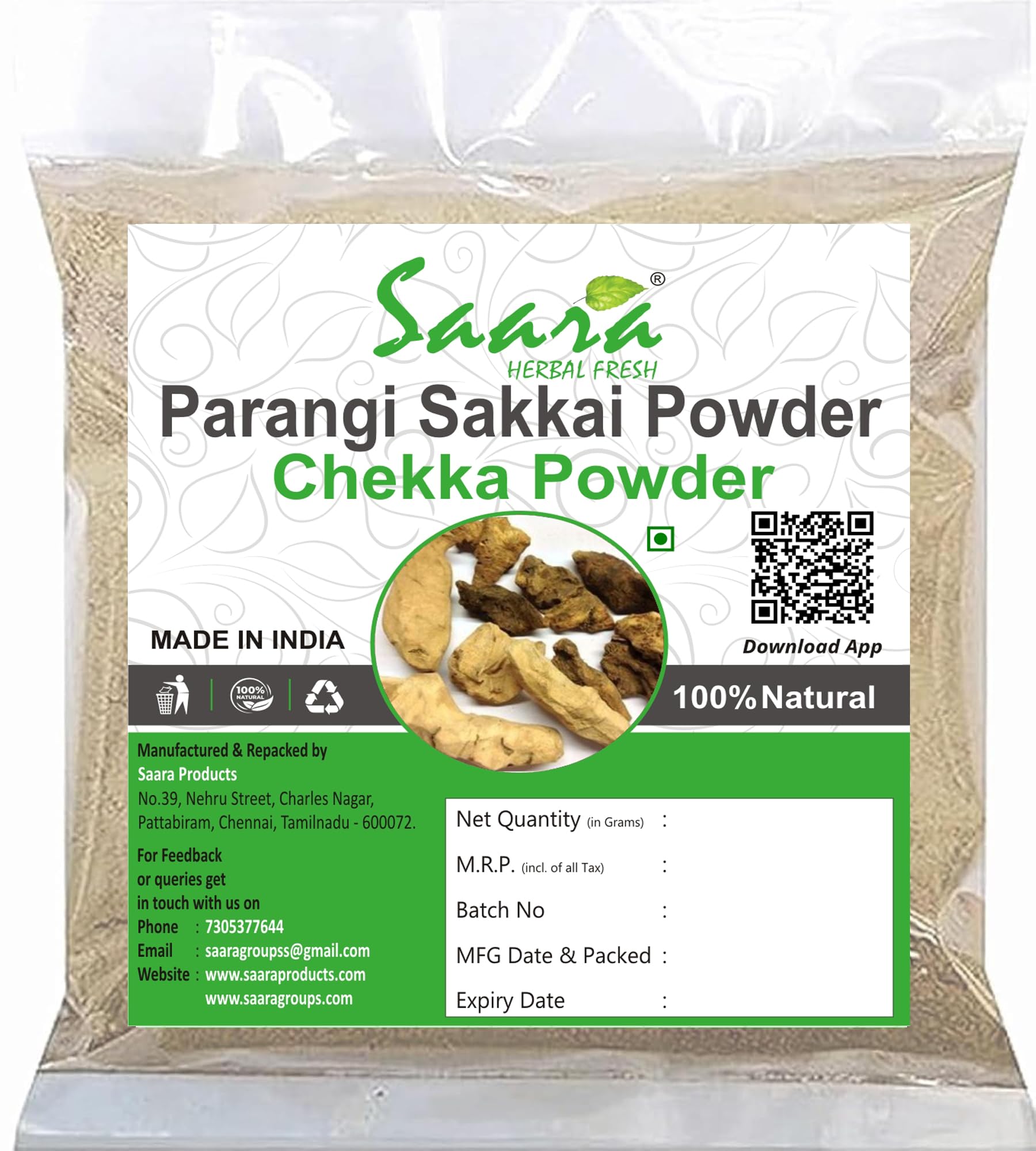 Saara HERBAL FRESH Parangi Sakkai Powder,51g,Chaina root,Chobchini, Madusnuhi, Flying chuck, Chekka powder,(pack of 51g)-image-35
