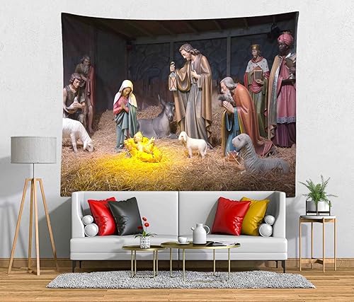 Miniatura 2 de Loccor Tapiz de Navidad de 80 x 60 pulgadas, pesebre, nacimiento del bebé Jesús, tapiz para colgar en la pared, tapiz religioso cristiano, arte de