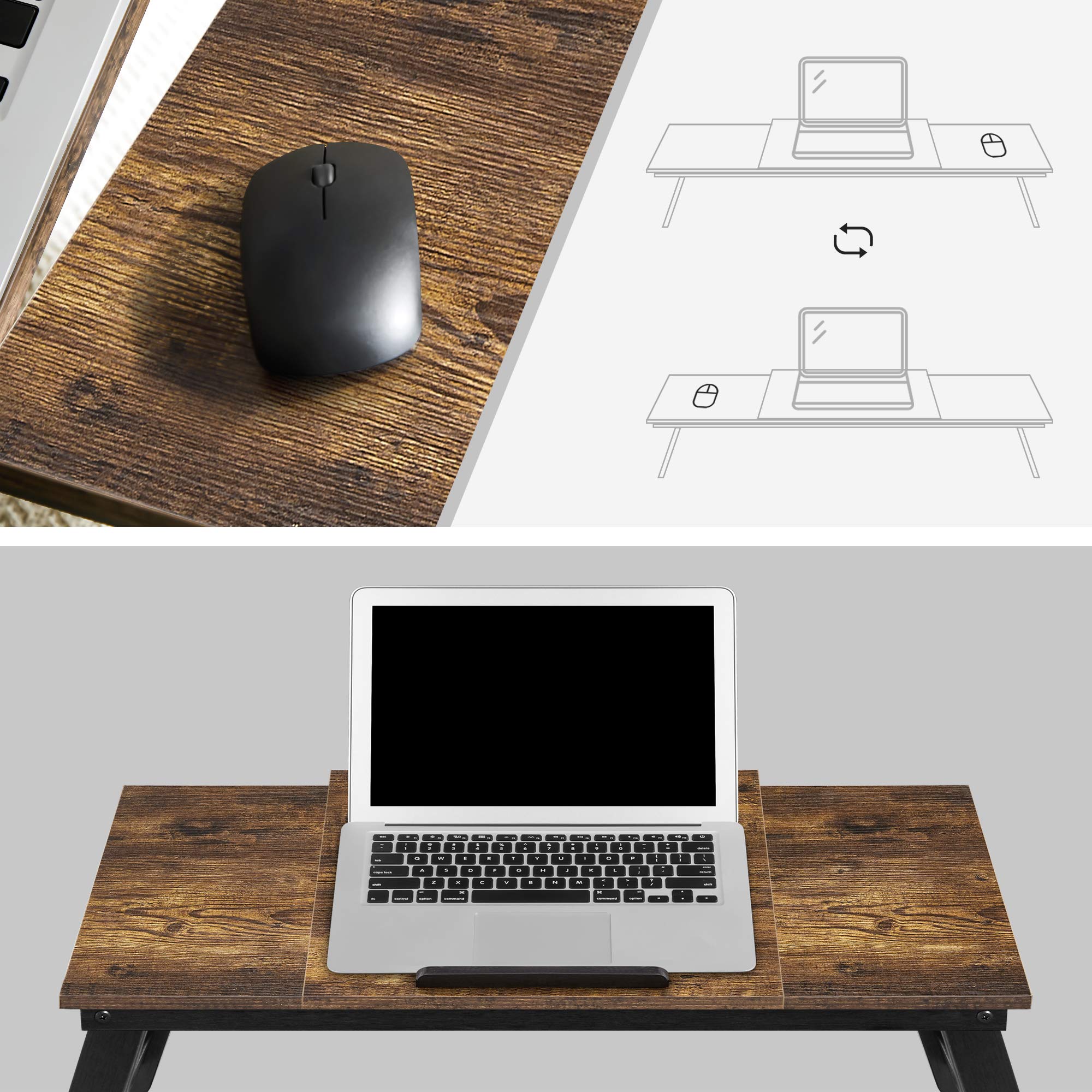 SONGMICS stolik pod laptopa, stojak na laptopa, stolik pod notebooka, taca śniadaniowa, składane nogi, z regulacją wysokości, na łóżko i sofę, do laptopów o przekątnej do 14,3", 71 x 35 x 23 cm, brązowy vintage LLD110B01